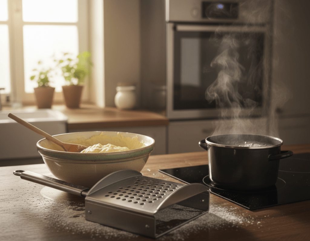 A beautifully arranged kitchen countertop featuring essential Spätzle equipment: a traditional Spätzle maker, a mixing bowl filled with dough, a wooden spoon, and a small pot of boiling water. In the foreground, the Spätzle maker is the focal point, showcasing its unique holes. In the middle, the mixing bowl displays a smooth, creamy dough, with flour lightly dusted around it, indicating recent use. The background includes an inviting kitchen setting with soft, natural light streaming in from a nearby window, casting gentle shadows. The atmosphere is warm and welcoming, suggesting a homey cooking environment. Use a slightly elevated angle to capture the details of the tools and the texture of the dough.