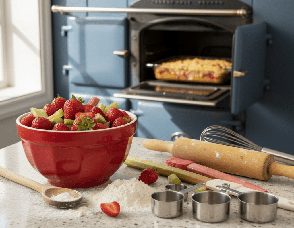 A beautifully arranged kitchen countertop featuring essential baking tools for crafting a strawberry-rhubarb cake. In the foreground, showcase a vibrant red mixing bowl filled with fresh strawberries and rhubarb, alongside a wooden spoon and measuring cups. The middle layer highlights a set of baking utensils, including a rolling pin and pastry brush, with a delicate flour dusting on the countertop. In the background, a rustic oven is slightly ajar, revealing a golden-brown cake inside, giving the scene warmth and inviting ambiance. Soft, natural light streams through a nearby window, casting gentle shadows and enhancing the texture of the ingredients. The overall mood is cheerful and homely, perfect for a baking adventure.