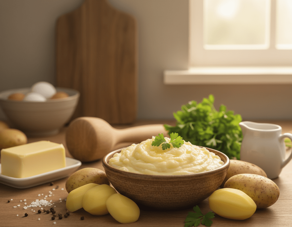 A beautifully arranged kitchen countertop featuring essential ingredients and utensils for making mashed potatoes. In the foreground, focus on creamy, fluffy potato puree in a rustic bowl, accompanied by peeled and whole potatoes scattered around. In the middle, display a smooth wooden masher and a butter dish, with fresh herbs like parsley and a small jug of milk placed nearby for added color. The background should blend softly with warm kitchen elements like a wooden cutting board and subtle, natural light filtering through a window, creating a cozy, inviting atmosphere. The overall mood should evoke a sense of homemade warmth and comfort, highlighting the simplicity and joy of cooking. Use a soft focus lens effect to enhance the inviting feel of the scene. A beautifully arranged kitchen countertop featuring essential ingredients and utensils for making mashed potatoes. In the foreground, focus on creamy, fluffy potato puree in a rustic bowl, accompanied by peeled and whole potatoes scattered around. In the middle, display a smooth wooden masher and a butter dish, with fresh herbs like parsley and a small jug of milk placed nearby for added color. The background should blend softly with warm kitchen elements like a wooden cutting board and subtle, natural light filtering through a window, creating a cozy, inviting atmosphere. The overall mood should evoke a sense of homemade warmth and comfort, highlighting the simplicity and joy of cooking. Use a soft focus lens effect to enhance the inviting feel of the scene.