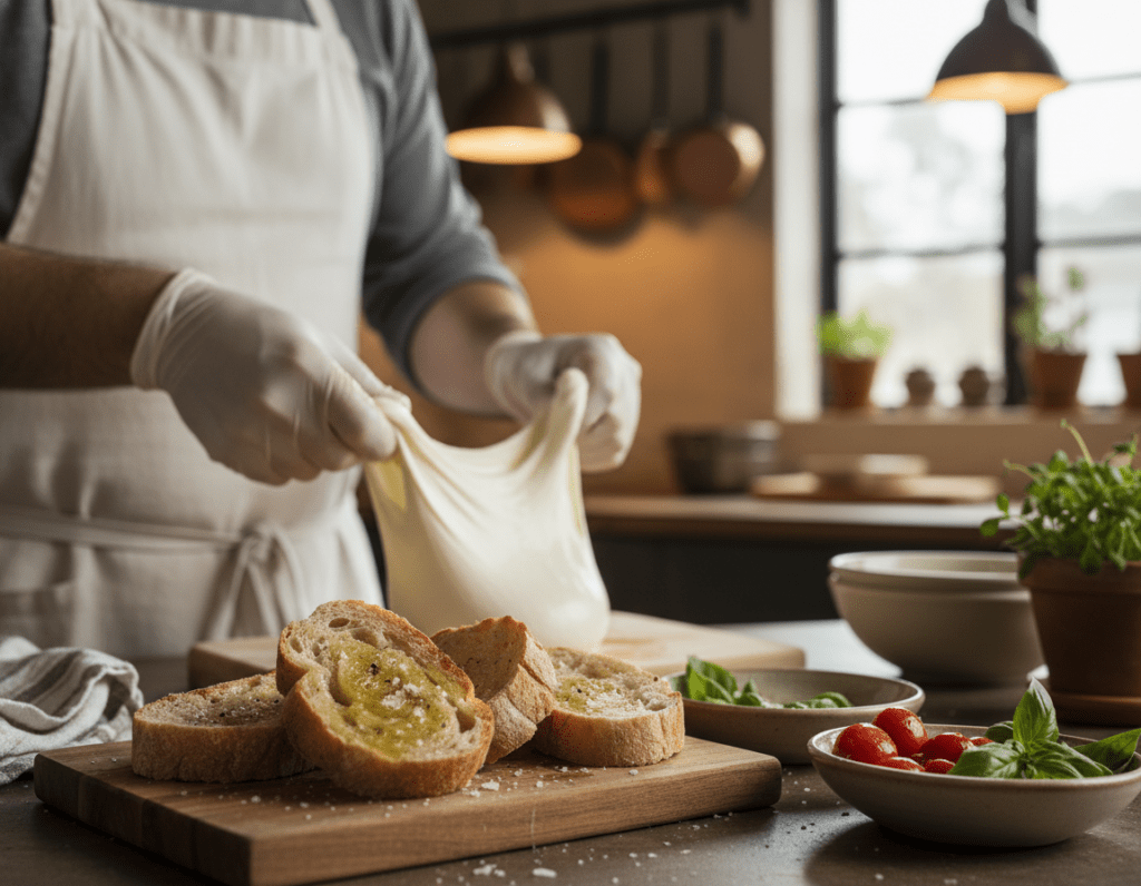 A beautifully arranged kitchen countertop featuring freshly made Burrata cheese as the centerpiece. In the foreground, a small wooden cutting board holds slices of rustic bread, drizzled with olive oil and sprinkled with sea salt. To the side, vibrant, sliced cherry tomatoes and fresh basil leaves add color and freshness. In the middle ground, a chef in a white apron, showcasing basic preparation tips, works meticulously, stretching the Burrata. The background offers a cozy kitchen ambiance with soft, warm lighting, casting gentle shadows and enhancing the creamy texture of the cheese. The scene captures a sense of culinary artistry, inviting viewers to engage with the process of making Burrata at home. Focus on a natural, inviting atmosphere with close-up details for visual appeal.