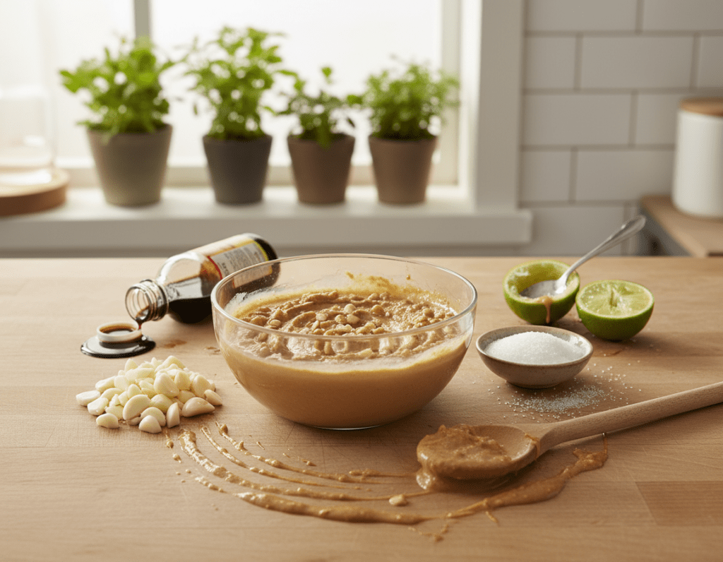 A beautifully arranged kitchen countertop featuring ingredients and tools for making peanut sauce. In the foreground, a glass bowl filled with a creamy, slightly lumpy peanut sauce, with visible chunks of peanuts. Surrounding the bowl are scattered ingredients like crushed garlic, soy sauce, lime halves, and a small dish of sugar, highlighting common mistakes in preparation. In the middle, a wooden spoon rests next to the bowl, hinting at a recent attempt with visible splatters around the area, conveying a slightly chaotic but relatable atmosphere. The background includes a warm kitchen with soft natural light streaming through a window, creating a cozy and inviting feeling. The overall mood is approachable and instructional, perfect for learning from common preparation errors.