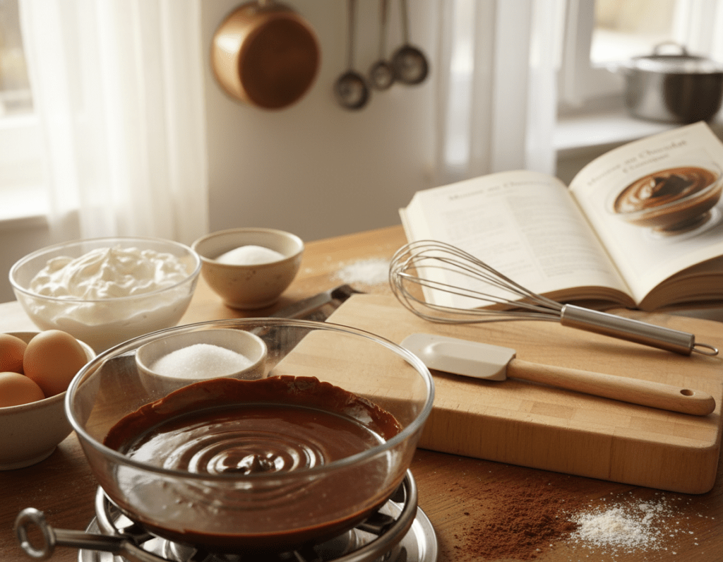 A beautifully arranged kitchen countertop featuring the step-by-step preparation of Mousse au Chocolat. In the foreground, a glass bowl with rich, dark chocolate melting over a double boiler, surrounded by fresh ingredients like whipped cream, sugar, and eggs. In the middle, an elegantly designed whisk and spatula lay beside an open recipe book showcasing the classic Mousse au Chocolat recipe. The background features soft-focus kitchen elements like a pot, measuring spoons, and a beautifully lit window allowing natural light to illuminate the scene. The atmosphere is warm and inviting, evoking a sense of culinary excitement and creativity. Use soft, diffused lighting to enhance the mood, and capture the scene from a slightly elevated angle to showcase all layers effectively.