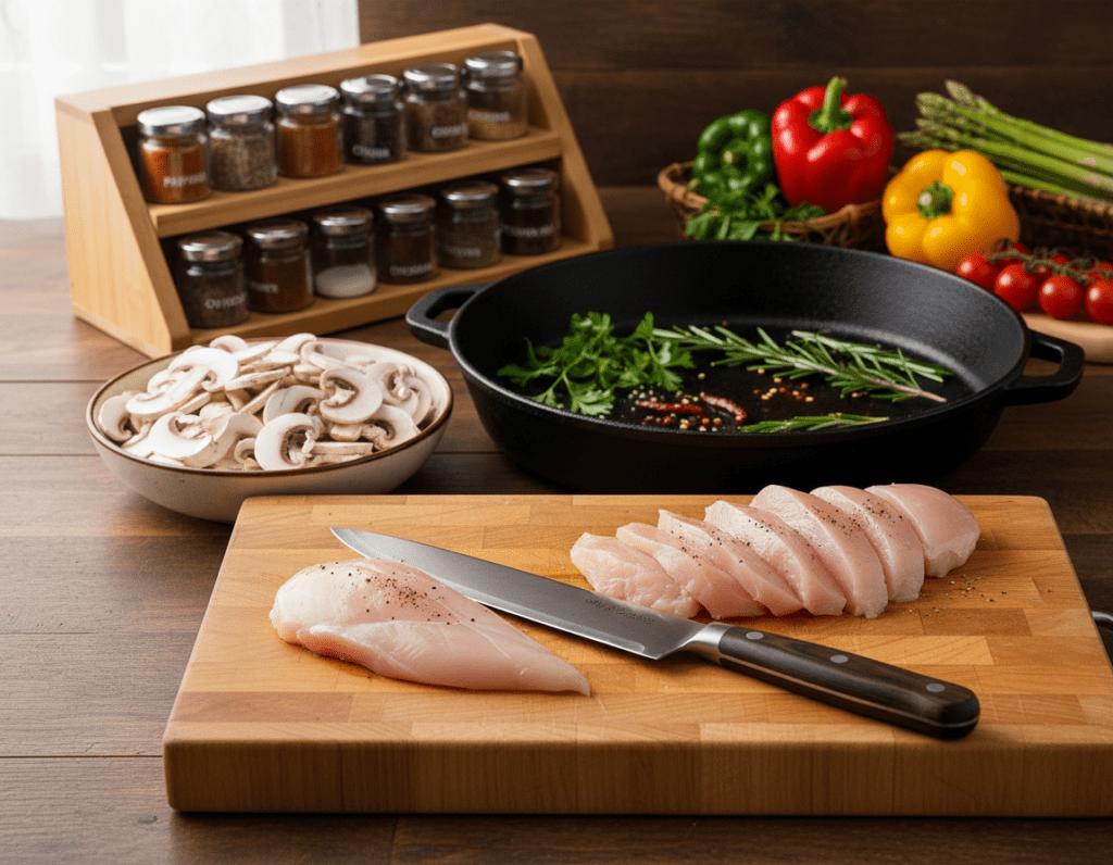 A beautifully arranged kitchen countertop featuring various kitchen utensils for preparing chicken fillet with mushrooms. In the foreground, show a sharp chef's knife, a sturdy cutting board with freshly sliced chicken, and a bowl of sliced mushrooms. In the middle, display a large frying pan with some herbs and spices, emphasizing a cooking theme. The background should include a well-organized spice rack and a few fresh vegetables, adding color and vibrancy. Soft, natural lighting illuminates the scene, creating a warm and inviting atmosphere. The angle should be a slightly elevated viewpoint, capturing the essence of a cozy kitchen ready for cooking. The overall mood should convey preparation and culinary delight.