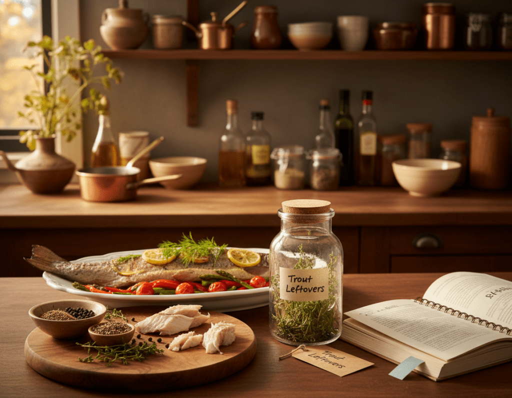 A beautifully arranged kitchen countertop in warm, inviting lighting, showcasing a freshly baked trout on an elegant white plate garnished with lemon slices, herbs, and colorful vegetables. In the foreground, a small wooden cutting board holds leftover trout pieces ready for repurposing, alongside a bowl of aromatic spices and fresh herbs. The middle layer features a rustic glass jar with a tightly sealed lid, symbolizing proper storage methods, set next to an open cookbook that hints at recipes for utilizing trout leftovers. In the background, shelves filled with cooking utensils and condiments create a cozy kitchen ambiance. The overall mood is warm and encouraging, inspiring home cooks to appreciate and utilize every bit of their delicious oven-roasted trout. A beautifully arranged kitchen countertop in warm, inviting lighting, showcasing a freshly baked trout on an elegant white plate garnished with lemon slices, herbs, and colorful vegetables. In the foreground, a small wooden cutting board holds leftover trout pieces ready for repurposing, alongside a bowl of aromatic spices and fresh herbs. The middle layer features a rustic glass jar with a tightly sealed lid, symbolizing proper storage methods, set next to an open cookbook that hints at recipes for utilizing trout leftovers. In the background, shelves filled with cooking utensils and condiments create a cozy kitchen ambiance. The overall mood is warm and encouraging, inspiring home cooks to appreciate and utilize every bit of their delicious oven-roasted trout.