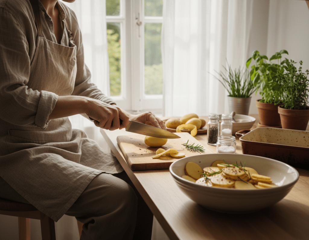 A beautifully arranged kitchen countertop scene featuring a person peeling potatoes and slicing them into even rounds. The individual, dressed in casual but modest clothing, is focused on their task, surrounded by various ingredients for a delicious potato casserole. In the foreground, a wooden cutting board is adorned with fresh, peeled potatoes next to a sharp knife. The middle ground includes a bowl of sliced potatoes, with hints of seasoning and herbs visible in small jars. In the background, soft natural light pours in from a nearby window, creating a warm and inviting atmosphere. The scene is framed to capture the essence of home cooking, with a cozy kitchen feel, highlighting the preparation of a comforting dish.