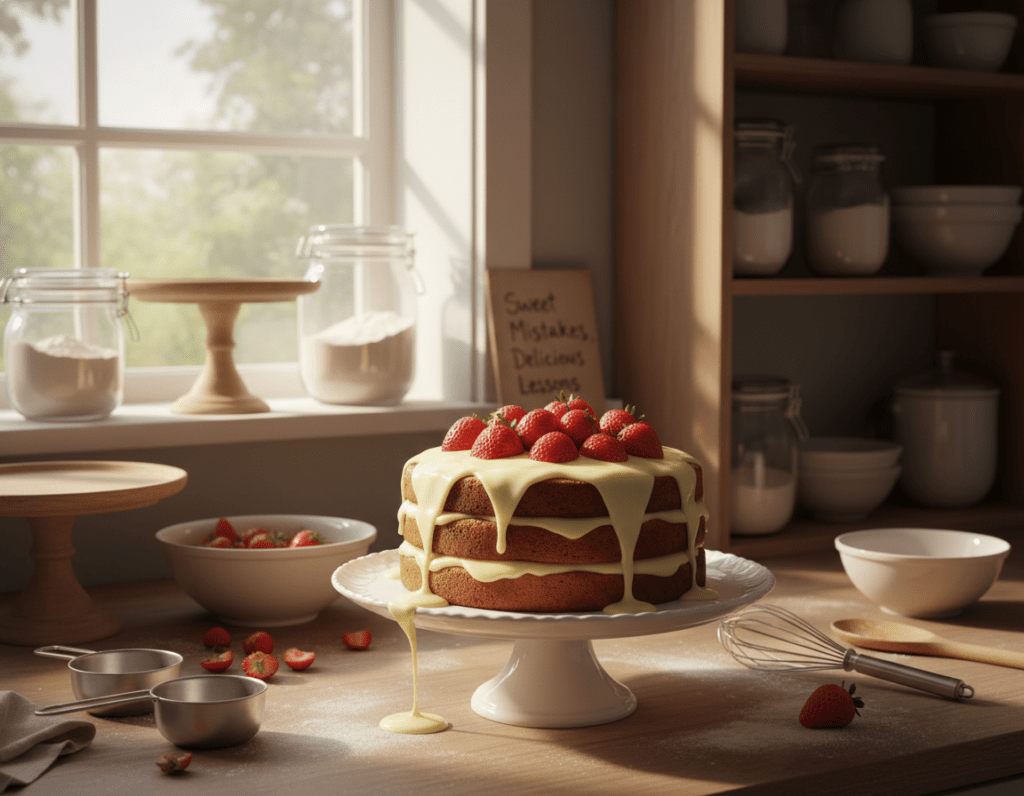 A beautifully arranged kitchen countertop set for baking, featuring a deliciously imperfect strawberry cake. In the foreground, a round cake on a delicate white cake stand, with uneven layers and slightly melted vanilla pudding topping, topped with fresh strawberries. Scattered baking utensils like measuring cups and a whisk are partially visible, hinting at the baking process. In the middle ground, a warm, rustic kitchen is illuminated by soft, natural light coming through a nearby window, casting gentle shadows. In the background, shelves filled with baking supplies like flour, sugar, and decorative cake stands enhance the inviting atmosphere. The overall mood is warm and homely, emphasizing the idea of learning from baking mistakes while creating a delightful dessert.