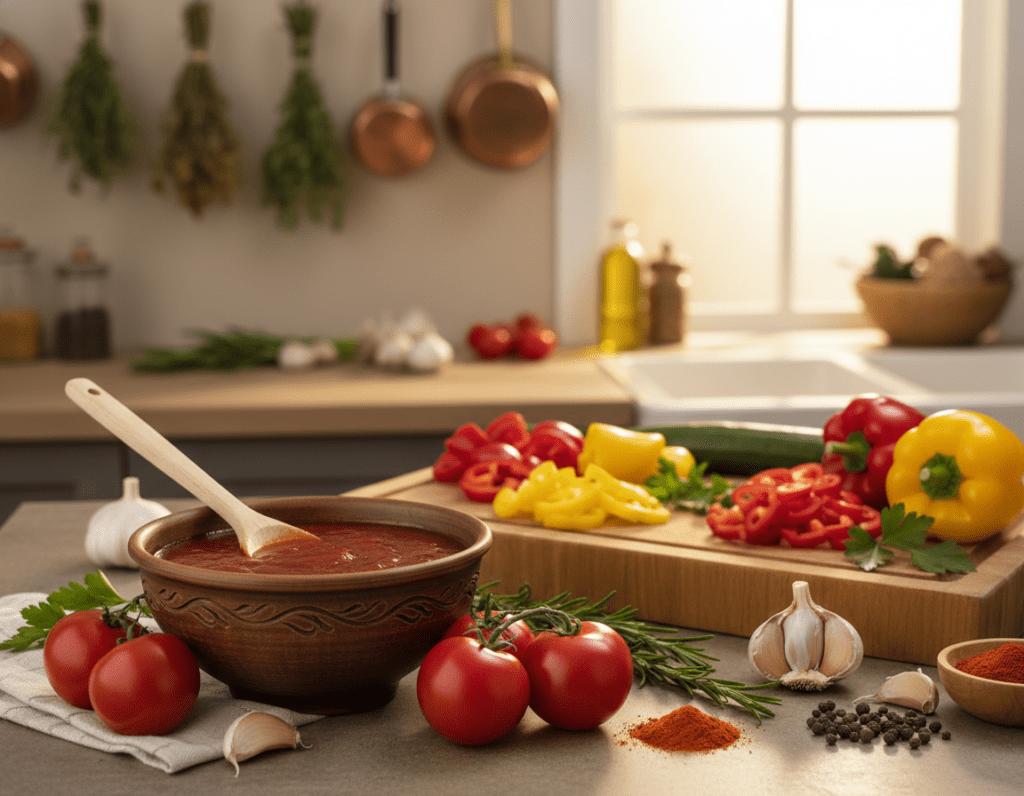 A beautifully arranged kitchen countertop showcasing a vibrant homemade Schaschlik sauce, with fresh ingredients like tomatoes, bell peppers, garlic, and spices artfully displayed beside a rustic bowl of the rich, dark red sauce. In the foreground, a wooden spoon rests against the bowl, glistening with sauce. The middle ground features a cutting board with chopped vegetables and herbs, exuding freshness. Soft, warm lighting bathes the scene, creating a cozy and inviting atmosphere, emphasizing the homemade quality. In the background, a blurred glimpse of the kitchen environment with hanging herbs and cooking utensils adds depth, evoking a sense of culinary authenticity and creativity, ideal for illustrating the benefits of making Schaschlik sauce at home. A beautifully arranged kitchen countertop showcasing a vibrant homemade Schaschlik sauce, with fresh ingredients like tomatoes, bell peppers, garlic, and spices artfully displayed beside a rustic bowl of the rich, dark red sauce. In the foreground, a wooden spoon rests against the bowl, glistening with sauce. The middle ground features a cutting board with chopped vegetables and herbs, exuding freshness. Soft, warm lighting bathes the scene, creating a cozy and inviting atmosphere, emphasizing the homemade quality. In the background, a blurred glimpse of the kitchen environment with hanging herbs and cooking utensils adds depth, evoking a sense of culinary authenticity and creativity, ideal for illustrating the benefits of making Schaschlik sauce at home.