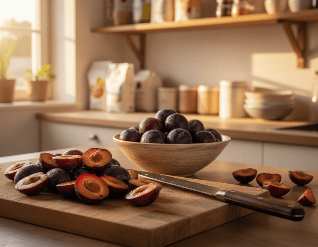 A beautifully arranged kitchen countertop, showcasing fresh, ripe plums (Zwetschgen) being prepared for baking. In the foreground, a wooden cutting board with a pile of halved plums, revealing their deep purple skins, juicy interiors, and smooth pits. A sharp knife rests nearby, glistening in the soft, warm light. In the middle ground, a rustic bowl filled with whole plums, some glistening with moisture, while a few sliced pieces are scattered around, enhancing the scene. The background features a cozy, well-lit kitchen with soft-focus shelves holding baking ingredients, lending an inviting atmosphere. Use a shallow depth of field to draw attention to the plums and knife, while creating a warm, homey feeling through golden hour lighting. A beautifully arranged kitchen countertop, showcasing fresh, ripe plums (Zwetschgen) being prepared for baking. In the foreground, a wooden cutting board with a pile of halved plums, revealing their deep purple skins, juicy interiors, and smooth pits. A sharp knife rests nearby, glistening in the soft, warm light. In the middle ground, a rustic bowl filled with whole plums, some glistening with moisture, while a few sliced pieces are scattered around, enhancing the scene. The background features a cozy, well-lit kitchen with soft-focus shelves holding baking ingredients, lending an inviting atmosphere. Use a shallow depth of field to draw attention to the plums and knife, while creating a warm, homey feeling through golden hour lighting.