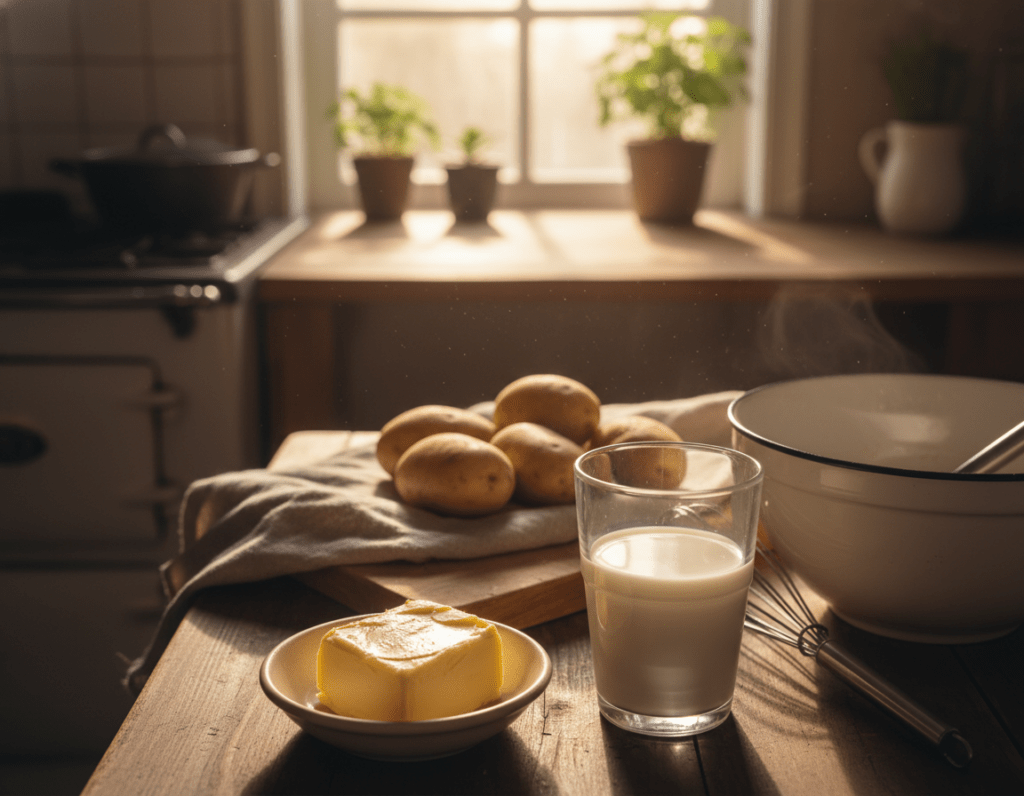 A beautifully arranged kitchen countertop showcasing ingredients for making potato puree, specifically focusing on milk and butter. In the foreground, a small dish of creamy, freshly churned butter sits beside a glass of whole milk, both glistening softly with natural light. The middle ground features a rustic wooden cutting board with fresh potatoes peeking from a linen cloth, emphasizing simplicity and freshness, along with a whisk and a bowl for mixing. In the background, gentle sunlight filters through a window, casting warm, inviting shadows. The atmosphere is cozy and homey, perfect for illustrating the essence of preparing delicious, creamy potato puree. The scene is captured with a warm color palette, evoking comfort and culinary delight, shot from a slight overhead angle to encompass all elements harmoniously. A beautifully arranged kitchen countertop showcasing ingredients for making potato puree, specifically focusing on milk and butter. In the foreground, a small dish of creamy, freshly churned butter sits beside a glass of whole milk, both glistening softly with natural light. The middle ground features a rustic wooden cutting board with fresh potatoes peeking from a linen cloth, emphasizing simplicity and freshness, along with a whisk and a bowl for mixing. In the background, gentle sunlight filters through a window, casting warm, inviting shadows. The atmosphere is cozy and homey, perfect for illustrating the essence of preparing delicious, creamy potato puree. The scene is captured with a warm color palette, evoking comfort and culinary delight, shot from a slight overhead angle to encompass all elements harmoniously.