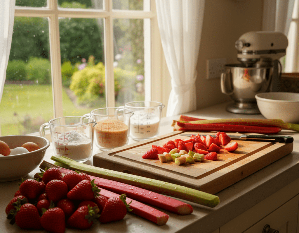 A beautifully arranged kitchen countertop showcasing the preparation ingredients for a strawberry-rhubarb cake. In the foreground, fresh, ripe strawberries and vibrant rhubarb stalks are artfully placed alongside measuring cups filled with flour, sugar, and a bowl of eggs. The middle of the scene features a wooden cutting board with a knife positioned next to sliced strawberries and rhubarb, glistening with freshness. In the background, a cozy kitchen setting with soft, natural lighting streaming through a window creates a warm atmosphere. The scene is captured from a slightly elevated angle, emphasizing the colorful ingredients and inviting feel. The overall mood is cheerful and inspiring, perfect for the theme of baking.