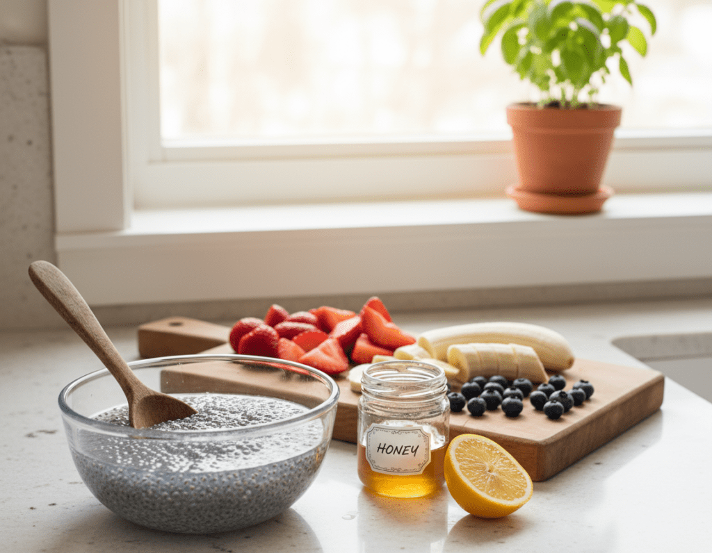A beautifully arranged kitchen countertop showcasing the preparation of Chia seeds. In the foreground, a clear glass bowl filled with soaked Chia seeds, their gelatinous texture visible. Next to the bowl, a wooden spoon rests, while a small container of honey and a fresh lemon slice are also present. In the middle ground, a rustic wooden cutting board holds vibrant fruits—sliced strawberries, a banana, and blueberries—ready to be added. The background features soft, natural lighting filtering through a window, illuminating a potted herb plant, adding warmth to the scene. The atmosphere is calm and inviting, evoking a sense of healthy cooking and attention to detail while avoiding common preparation mistakes.