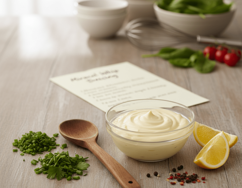 A beautifully arranged kitchen countertop showcasing the preparation of a Miracel Whip dressing. In the foreground, a glass bowl filled with creamy Miracel Whip, surrounded by fresh ingredients like chopped herbs, lemon wedges, and spices, creating a vibrant color palette. In the middle, a wooden spoon rests beside the bowl, ready to mix. Just behind it, a recipe card with handwritten notes on a rustic wooden table adds a personal touch. The background softly blurs to reveal kitchen utensils and fresh vegetables, creating an inviting atmosphere. Soft, natural lighting streams in from a window, highlighting the textures and colors. The scene evokes a sense of warmth and simplicity, perfect for showcasing straightforward culinary creativity.