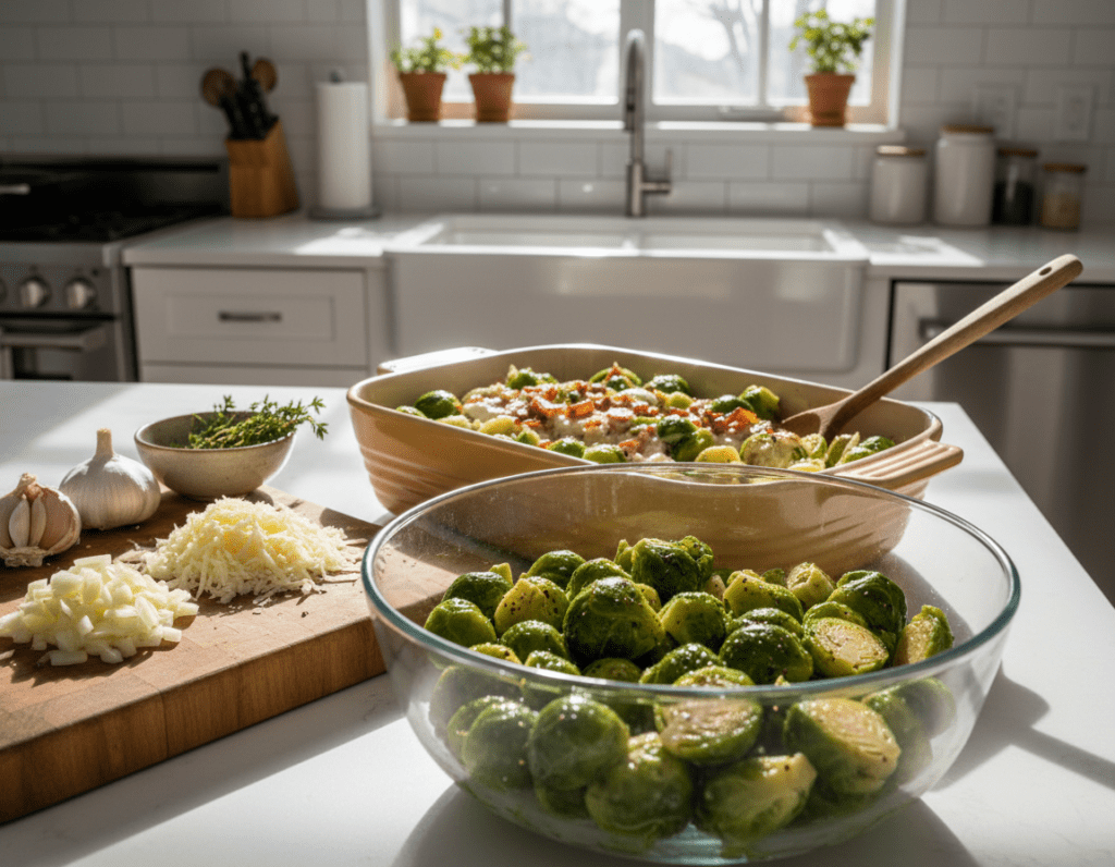 A beautifully arranged kitchen countertop showcasing the preparation of a Rosenkohl casserole, also known as Brussels sprout bake. In the foreground, a large glass bowl filled with vibrant green Brussels sprouts, sliced in half, glistens with olive oil. Nearby, an assortment of fresh ingredients like garlic cloves, diced onions, and grated cheese is artfully placed on a wooden cutting board. The middle ground features a baking dish ready for the oven, half-filled with creamy layers of the prepared mixture. The background exhibits a bright, well-lit kitchen with soft sunlight streaming through a window, casting gentle shadows. The overall atmosphere is warm and inviting, emphasizing the efficiency and joy of meal prepping. The image captures a sense of home-cooked comfort, ideal for a cozy cooking experience.