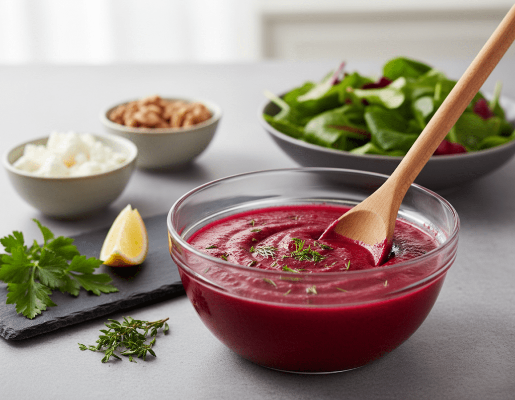 A beautifully arranged kitchen countertop showcasing the preparation of a vibrant Rote Bete salad dressing. In the foreground, a glass bowl filled with a rich, deep purple dressing made from roasted beets, olive oil, balsamic vinegar, and a sprinkle of herbs. Freshly chopped parsley and a slice of lemon are artistically placed nearby. In the middle, a wooden spoon stirs the dressing, capturing its glossy texture. The background features an elegantly laid out table with various salad ingredients like crumbled feta, walnuts, and mixed greens in soft natural lighting, creating a warm and inviting atmosphere. Soft focus on the surroundings highlights the dressing's vibrant color, evoking a sense of freshness and culinary delight.