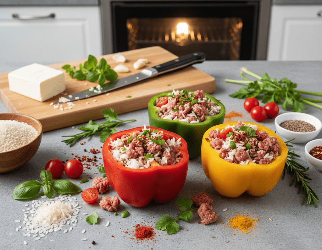 A beautifully arranged kitchen countertop showcasing the preparation of juicy stuffed bell peppers. In the foreground, vibrant red, green, and yellow bell peppers are carefully cut open, revealing a colorful filling of rice, ground meat, herbs, and spices. Fresh vegetables and spices are scattered around, adding pops of color and texture. In the middle ground, a wooden cutting board with a knife glistening from freshly cut ingredients, demonstrating the preparation process. The background features a softly lit oven, hinting at the cooking stage with warm golden light emanating, creating a cozy and inviting atmosphere. The overall mood is gastronomic delight, capturing the essence of a home-cooked meal. The scene is bright and well-composed, shot from a slight top-down angle to emphasize the beautifully stuffed peppers without distractions.