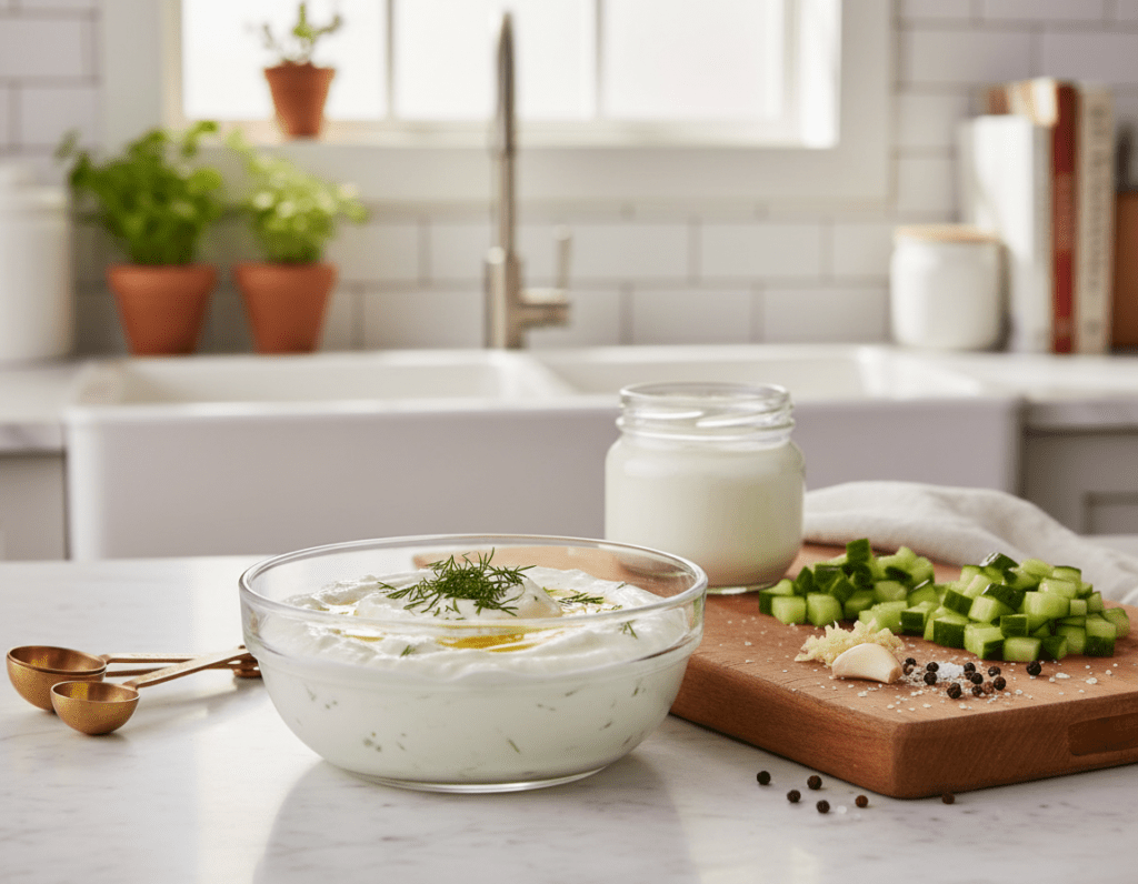 A beautifully arranged kitchen countertop showcasing the preparation of tzatziki. In the foreground, a glass bowl filled with creamy, textured tzatziki sits attractively, garnished with fresh dill and a drizzle of olive oil. Beside it, a small wooden cutting board displays finely chopped cucumbers and minced garlic, with a sprinkle of salt and black pepper for seasoning. In the middle, there are measuring spoons and a jar of yogurt, emphasizing the careful measurement of ingredients. The background features warm, natural lighting streaming through a window, enhancing the inviting atmosphere of a home kitchen. The scene conveys a sense of culinary creativity and precision, perfect for showcasing the art of seasoning and tasting tzatziki. A beautifully arranged kitchen countertop showcasing the preparation of tzatziki. In the foreground, a glass bowl filled with creamy, textured tzatziki sits attractively, garnished with fresh dill and a drizzle of olive oil. Beside it, a small wooden cutting board displays finely chopped cucumbers and minced garlic, with a sprinkle of salt and black pepper for seasoning. In the middle, there are measuring spoons and a jar of yogurt, emphasizing the careful measurement of ingredients. The background features warm, natural lighting streaming through a window, enhancing the inviting atmosphere of a home kitchen. The scene conveys a sense of culinary creativity and precision, perfect for showcasing the art of seasoning and tasting tzatziki.