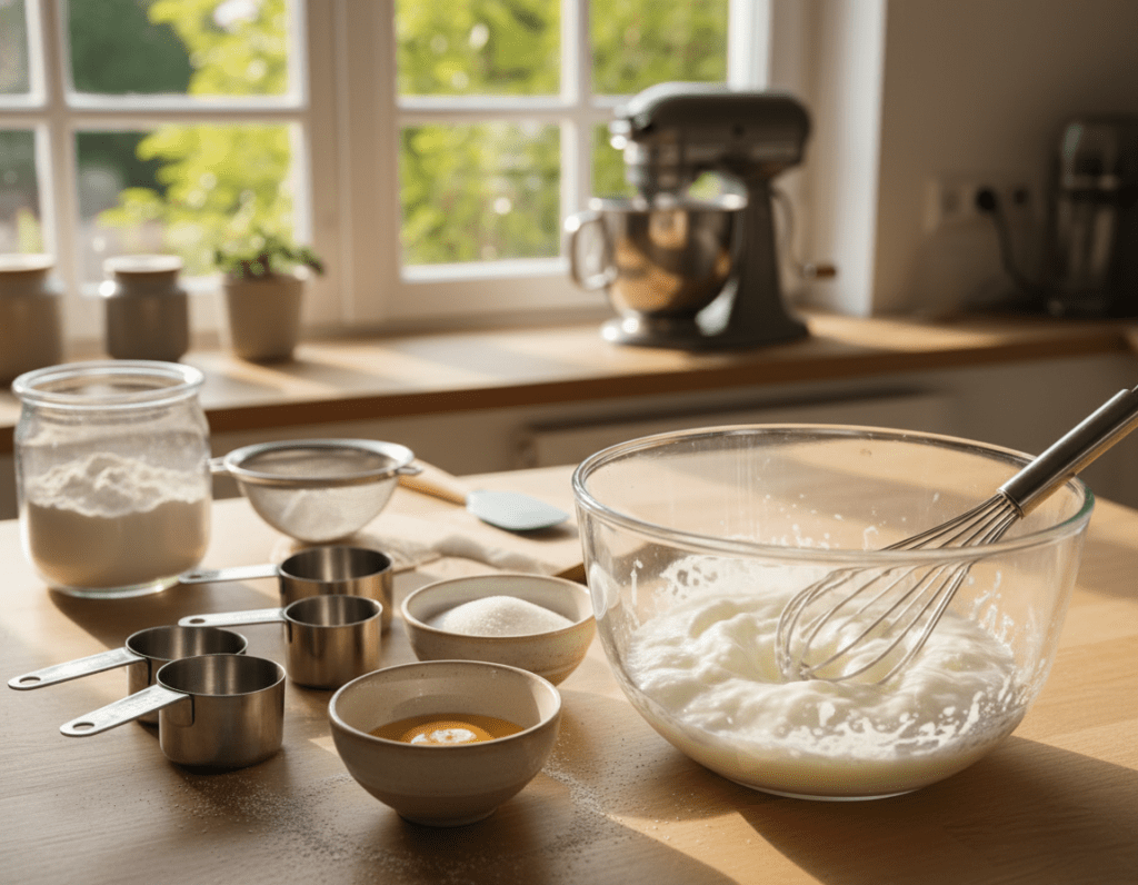 A beautifully arranged kitchen countertop showcasing the step-by-step preparation of a sponge cake (Biskuitboden). In the foreground, a glass mixing bowl filled with fluffy egg whites, with a whisk in motion, capturing the texture of the batter. To the side, there are separated egg yolks and a bowl of sugar. The middle ground features an array of baking utensils like measuring cups, a spatula, and a sifter, alongside a small container of flour, hinting at precise measurements. In the background, sunlight streams in through a window, casting a warm glow and creating a cozy baking atmosphere. The scene is tidy and inviting, evoking a sense of culinary artistry and homemade charm. The focus is sharp, with a slight depth of field to emphasize the preparation process.