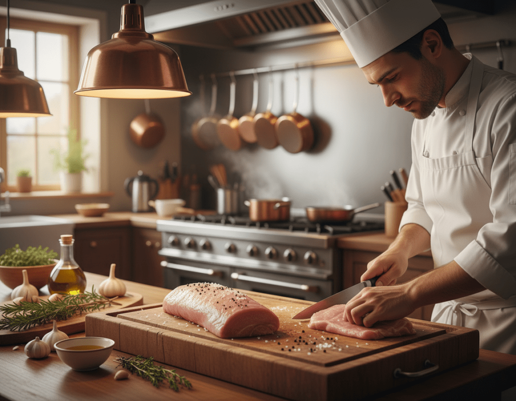 A beautifully arranged kitchen countertop where a skilled chef prepares a pork tenderloin. In the foreground, the chef, wearing a crisp white apron and a chef's hat, is carefully trimming the pork tenderloin. Fresh herbs like rosemary and thyme are scattered nearby, along with garlic cloves and a small bowl of olive oil. The middle layer features a wooden cutting board displaying the seasoned meat sprinkled with coarse salt and black pepper. In the background, a softly glowing kitchen with warm lighting creates an inviting atmosphere, highlighting pots and pans hanging above the stove. The scene conveys a sense of culinary artistry and preparation for a delicious meal, evoking a warm and homely feeling.