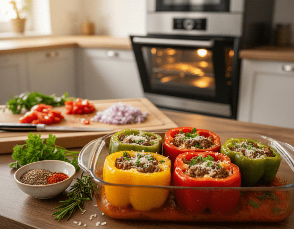 A beautifully arranged kitchen countertop with vibrant, stuffed bell peppers ready for baking. In the foreground, show a close-up of a baking dish filled with colorful yellow, red, and green peppers stuffed with a savory mixture of rice, minced meat, and herbs. Include fresh herbs and a small bowl of spices beside it for added detail. The middle ground should feature a wooden cooking board with ingredients like chopped tomatoes and onions, creating an inviting preparation scene. In the background, softly illuminated by warm, natural light, showcase an oven with a slightly open door, hinting at the delicious meal being baked. The atmosphere should feel warm and homely, evoking the joy of cooking. The lens should give a shallow depth of field, focusing on the peppers while softly blurring the background, enhancing the overall appeal of the dish.
