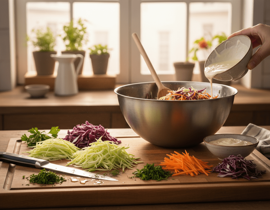 A beautifully arranged kitchen scene depicting the step-by-step preparation of Krautsalat, showcasing fresh ingredients like crisp green and purple cabbage, diced carrots, and herbs. In the foreground, a wooden cutting board with finely shredded cabbage and colorful vegetable garnishes, along with a chef's knife and a bowl of dressing, creates a vibrant, inviting atmosphere. In the middle ground, a stainless steel mixing bowl filled with the mixed salad and a wooden spoon poised ready for tossing, accentuating the hands-on nature of cooking. In the background, a sunny window allows warm, natural light to illuminate the scene, creating a cheerful ambiance. Soft focus on the background elements, ensuring the preparation steps are clear, while maintaining a cozy, homely kitchen environment.