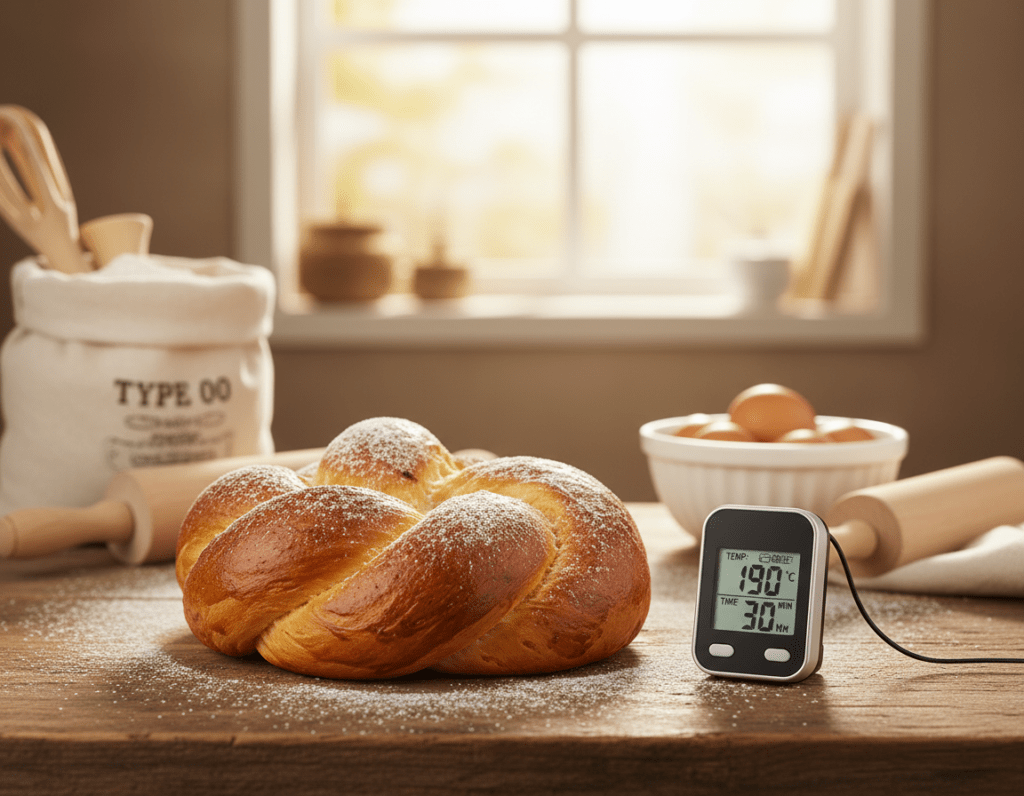 A beautifully arranged kitchen scene featuring a close-up view of a freshly baked Hefezopf bread, displayed on a rustic wooden table. The bread is golden brown, with a glossy, crisp crust showing intricate braiding. To the side, a digital kitchen thermometer displays the ideal baking temperature of 190°C, along with a timer showing the optimal baking time of 30 minutes. In the background, warm, natural light filters through a window, illuminating various baking tools like a flour sack, rolling pin, and a bowl of eggs. The atmosphere is warm and inviting, evoking a sense of home baking. The scene is styled neatly, emphasizing precision and care in the baking process.