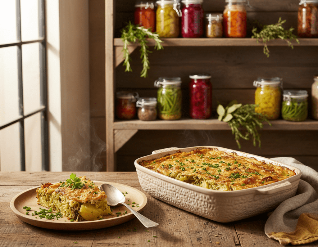 A beautifully arranged kitchen scene featuring a freshly baked Wirsing Kartoffel Auflauf in a ceramic dish, placed on a rustic wooden countertop. The dish is topped with a golden-brown crust, with hints of green from the savoy cabbage (Wirsing) peeking through. In the foreground, there is a portion of the casserole neatly cut out, sitting on a wooden plate garnished with fresh herbs. In the background, shelves filled with jars of preserved vegetables and herbs add a homely touch. Soft, natural light filters in from a window, casting gentle shadows and creating a warm, inviting atmosphere. The overall mood is cozy and nurturing, perfect for conveying the theme of storage and using leftovers creatively.