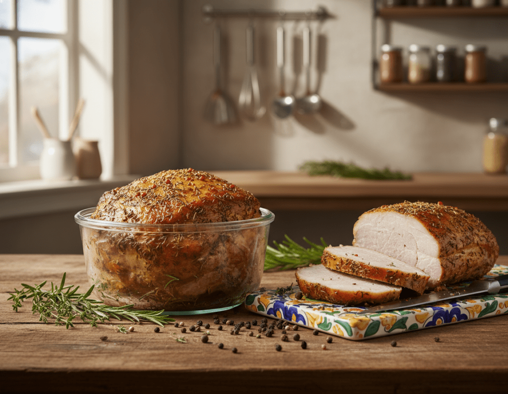 A beautifully arranged kitchen scene featuring a glass container filled with juicy, seasoned Salzbraten, freshly cooked and glistening with aromatic spices. The foreground showcases the container on a rustic wooden table, with sprigs of fresh herbs and peppercorns scattered around for an inviting touch. In the middle, a colorful chopping board holds sliced pieces of the meat, displaying the tender, moist texture. The background softly blurred reveals kitchen utensils and a shelf of spices, creating a warm, homely atmosphere. Soft, ambient lighting enters from a nearby window, casting gentle shadows and highlighting the rich colors of the meat and the natural elements. The overall mood is cozy and inviting, emphasizing the culinary craft of preserving delicious leftovers.