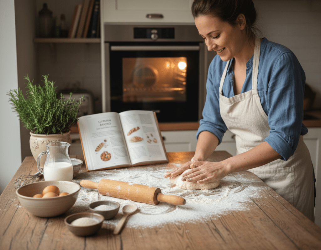 A beautifully arranged kitchen scene featuring a novice baker preparing to make a Hefezopf (braided yeast bread). In the foreground, a wooden countertop is adorned with flour, a rolling pin, and ingredients like eggs, milk, and yeast in bowls. The middle ground shows the baker, a casually dressed woman in a simple, modest apron, concentrating on kneading a soft, doughy mixture. In the background, a warm, inviting oven glows softly, casting gentle light on the room, with a few sprigs of fresh herbs and a cookbook opened to a relevant page. The overall atmosphere is cozy and encouraging, emphasizing the beginner-friendly nature of the baking process. The image captures a sense of learning and the joy of baking.