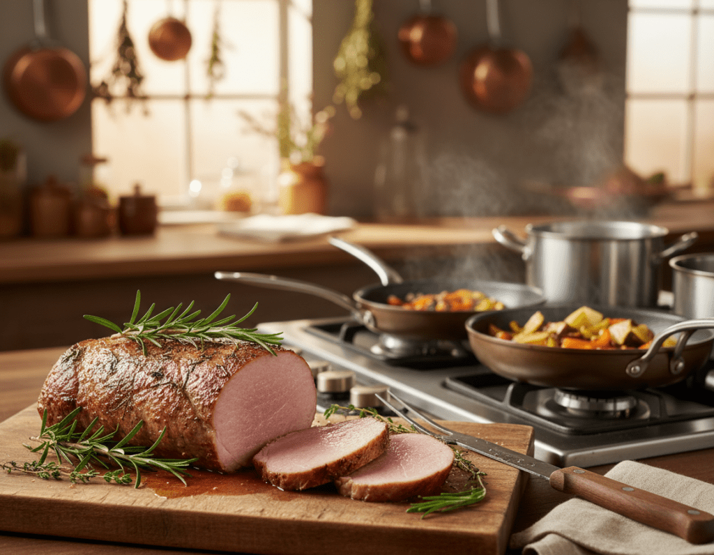 A beautifully arranged kitchen scene featuring a perfectly cooked pork tenderloin on a wooden cutting board, with a sharp knife and fork beside it. In the foreground, showcase the tenderloin sliced open to reveal juicy, pink meat, garnished with fresh herbs like rosemary and thyme. The middle layer should include pots and pans on a stove, with some vegetables sizzling in a pan, hinting at common cooking mistakes, such as overcooking. In the background, a cozy kitchen ambiance with warm light filtering through a window, creating a welcoming atmosphere. Use soft focus on the background to draw attention to the main subject. The mood should be inviting and educational, emphasizing proper cooking techniques.