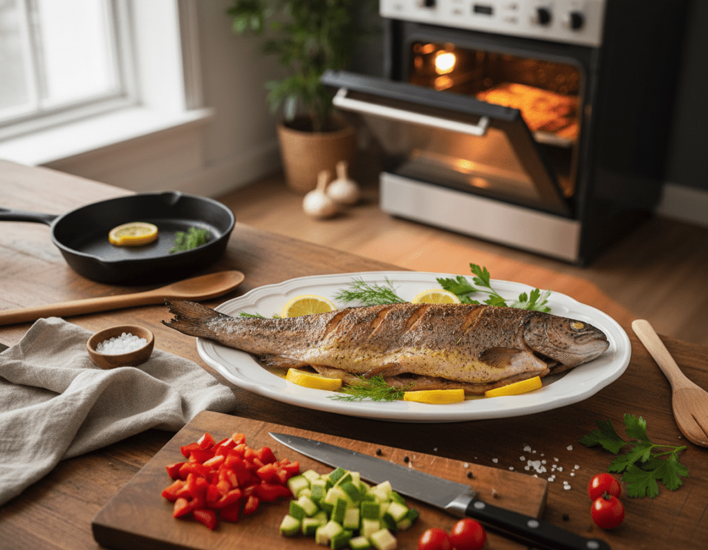 A beautifully arranged kitchen scene featuring a perfectly roasted trout, garnished with fresh herbs and lemon slices, placed on an elegant white platter. In the foreground, the trout is the focal point, showcasing golden skin and delicate, flaky texture. Surrounding it are kitchen utensils, a cutting board with sliced vegetables, and an inviting oven in the background, slightly ajar with warm light spilling out. Soft, natural lighting illuminates the scene, creating a warm and cozy atmosphere. A wooden table adds a rustic touch, while subtle reflections on the surface enhance depth. The angle is slightly overhead, providing a clear view of the trout's exquisite details and inviting presentation, conveying a sense of culinary achievement and home-cooked comfort. A beautifully arranged kitchen scene featuring a perfectly roasted trout, garnished with fresh herbs and lemon slices, placed on an elegant white platter. In the foreground, the trout is the focal point, showcasing golden skin and delicate, flaky texture. Surrounding it are kitchen utensils, a cutting board with sliced vegetables, and an inviting oven in the background, slightly ajar with warm light spilling out. Soft, natural lighting illuminates the scene, creating a warm and cozy atmosphere. A wooden table adds a rustic touch, while subtle reflections on the surface enhance depth. The angle is slightly overhead, providing a clear view of the trout's exquisite details and inviting presentation, conveying a sense of culinary achievement and home-cooked comfort.