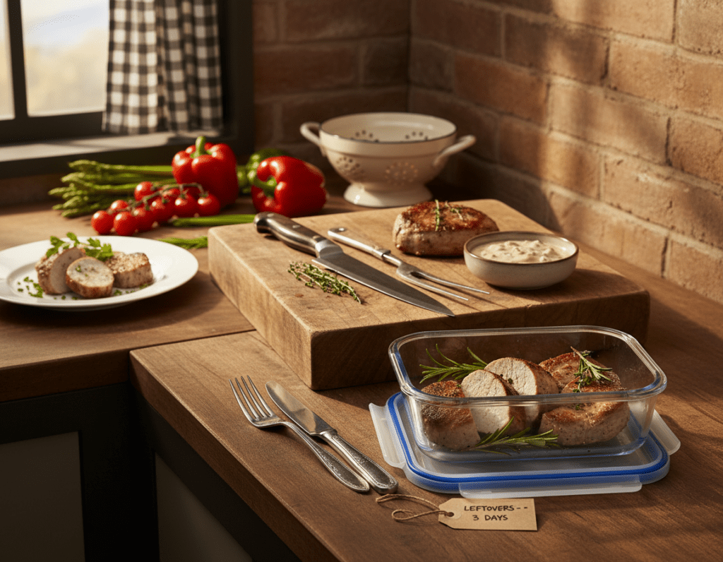 A beautifully arranged kitchen scene featuring a plate of leftover Schweinefilet, elegantly garnished with fresh herbs. In the foreground, the focus is on a glass container with a tightly sealed lid, containing portions of the cooked pork, highlighting tips for storage. In the middle, a wooden cutting board displays utensils like a carving knife and fork beside a small bowl of creamy sauce, suggesting preparation for reheating. The background features a rustic kitchen setting with warm, inviting lighting filtering through a window, casting soft shadows. Include a glimpse of fresh vegetables on a countertop, enhancing the idea of meal preparation. The mood is cozy and wholesome, evoking the comfort of home cooking.