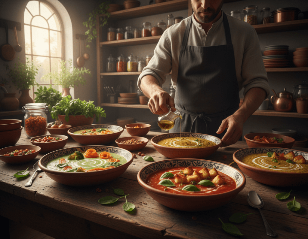A beautifully arranged kitchen scene featuring a rustic wooden table laden with a variety of baked soup dishes, each showcasing different colorful ingredients. In the foreground, a rich tomato-based oven soup topped with fresh basil and croutons gleams invitingly in a ceramic bowl. Beside it, a creamy vegetable soup with vibrant greens and hints of orange swirl. In the middle, a chef in modest casual clothing expertly drizzles olive oil over another variation, emphasizing the homemade nature of the recipes. The background reveals shelves filled with spices, fresh vegetables, and cooking utensils, bathed in warm, natural light streaming from a window, creating a cozy and inviting atmosphere. The overall mood is one of warmth, creativity, and culinary exploration. A beautifully arranged kitchen scene featuring a rustic wooden table laden with a variety of baked soup dishes, each showcasing different colorful ingredients. In the foreground, a rich tomato-based oven soup topped with fresh basil and croutons gleams invitingly in a ceramic bowl. Beside it, a creamy vegetable soup with vibrant greens and hints of orange swirl. In the middle, a chef in modest casual clothing expertly drizzles olive oil over another variation, emphasizing the homemade nature of the recipes. The background reveals shelves filled with spices, fresh vegetables, and cooking utensils, bathed in warm, natural light streaming from a window, creating a cozy and inviting atmosphere. The overall mood is one of warmth, creativity, and culinary exploration.