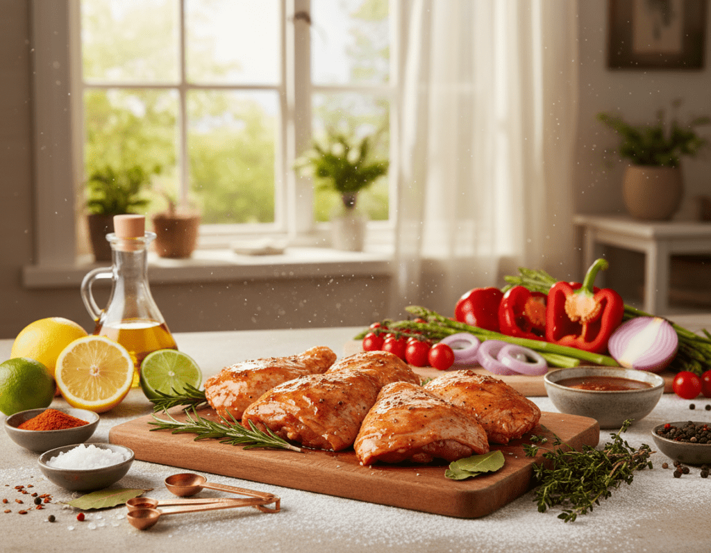 A beautifully arranged kitchen scene featuring marinated chicken thighs, showcasing an array of common marinade ingredients like herbs, spices, olive oil, and citrus fruits. In the foreground, a wooden cutting board holds the marinated chicken, glistening with flavor. To the side, fresh herbs like rosemary and thyme are scattered, along with measuring spoons and a small bowl of marinade. The middle ground displays a rustic kitchen counter, lightly dusted with flour, and colorful, neatly arranged vegetables. In the background, a well-lit window allows soft, natural light to fill the space, creating a warm, inviting atmosphere that emphasizes the cooking process. The mood is cheerful and homey, evoking a sense of culinary creativity. No text or branding elements are present.