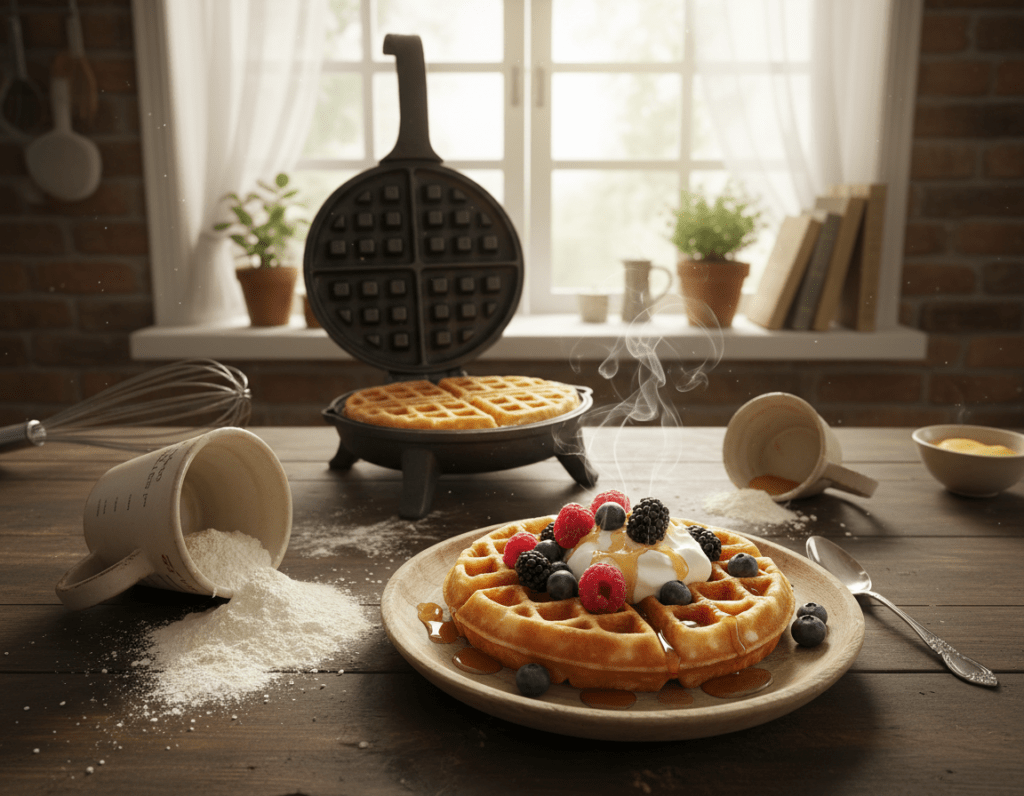 A beautifully arranged kitchen scene focused on a fluffy waffle-making process. In the foreground, a golden-brown waffle rests on a rustic wooden plate, steam gently rising from it, surrounded by a medley of vibrant toppings like fresh berries, whipped cream, and a drizzle of syrup. In the middle ground, an elegant waffle iron is partially open, revealing perfectly cooked waffles inside, alongside measuring cups and flour scattered artfully to signify common baking errors. The background features soft, natural lighting coming through a window, illuminating the space and creating a warm, inviting atmosphere. The angle is slightly elevated, offering a clear view of the waffle and preparing ingredients, evoking a sense of cozy home cooking while conveying the theme of avoiding common waffle-baking mistakes.
