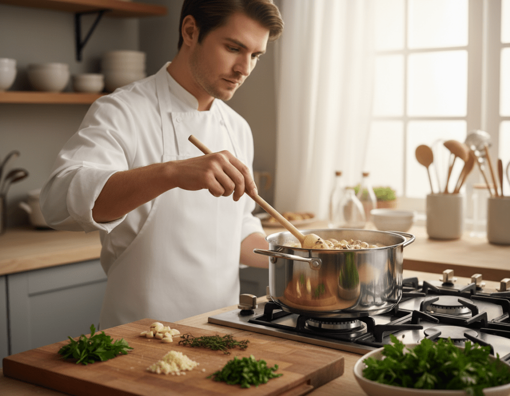 A beautifully arranged kitchen scene focused on the preparation of a creamy sauce for chicken strips with mushrooms. In the foreground, a wooden cutting board displays minced garlic and chopped herbs. A stainless steel pot simmers on the stove, with a light golden cream sauce bubbling gently, peppered with flecks of black pepper and small pieces of sautéed mushrooms. In the middle, a chef in a white apron, with neatly combed hair, stirs the sauce with a wooden spoon, showing concentration. The background features neatly organized utensils and a warm, inviting kitchen ambiance with soft, diffused sunlight filtering through a window, casting a warm glow. The overall mood is cozy and inviting, ideal for a culinary masterpiece.