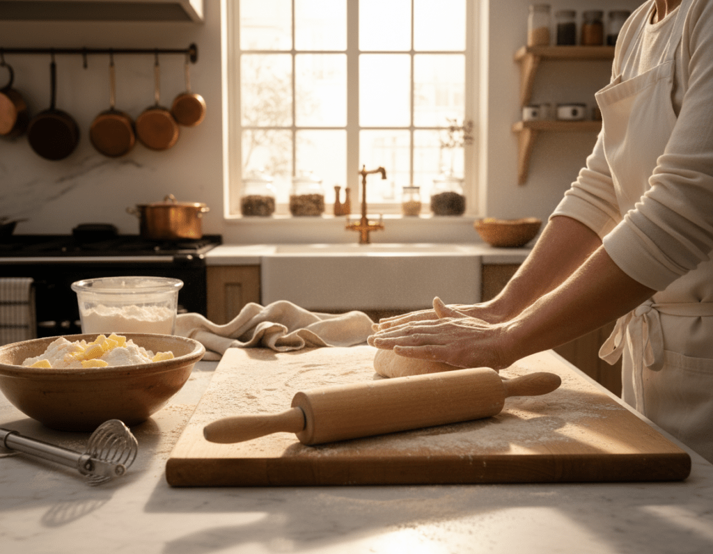 A beautifully arranged kitchen scene focused on the step-by-step process of making pastry dough. In the foreground, a marble countertop holds a well-floured cutting board with a rolling pin, a bowl of mixed ingredients, and a pastry cutter. The middle ground features hands—wearing light, professional attire—kneading the dough, emphasizing motion and interaction. The background reveals an elegant kitchen setup with soft, natural lighting streaming through a window, illuminating scattered flour dust. The atmosphere is warm and inviting, embodying a sense of creativity and culinary artistry. Capture the texture of the dough, the shine of the utensils, and the cozy kitchen decor, all while showcasing the meticulous process of dough preparation without any text or distractions.