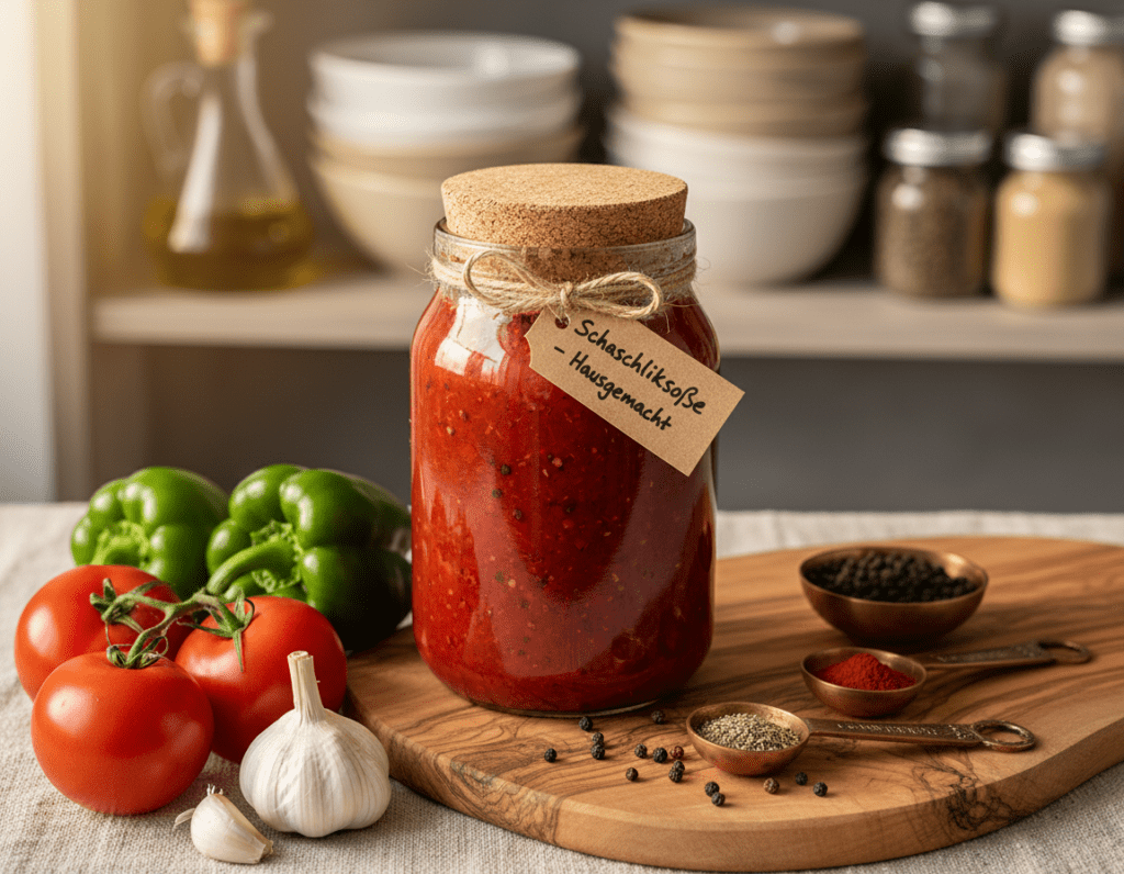 A beautifully arranged kitchen scene focused on the storage of homemade Schaschliksoße. In the foreground, a glass jar filled with rich, red Schaschliksoße, decorated with a rustic cork lid. The texture of the sauce is visible, showcasing herbs and spices. Beside the jar, fresh ingredients like tomatoes, peppers, and garlic create a vibrant color palette. In the middle ground, an elegant wooden cutting board holds measuring spoons and spices, hinting at the recipe preparation. The background features softly blurred kitchen shelves stocked with cooking essentials, bathed in warm, inviting light. The atmosphere is cozy and homely, emphasizing the idea of preserving homemade goodness. Use a shallow depth of field to focus on the jar, with a slight overhead angle for depth. A beautifully arranged kitchen scene focused on the storage of homemade Schaschliksoße. In the foreground, a glass jar filled with rich, red Schaschliksoße, decorated with a rustic cork lid. The texture of the sauce is visible, showcasing herbs and spices. Beside the jar, fresh ingredients like tomatoes, peppers, and garlic create a vibrant color palette. In the middle ground, an elegant wooden cutting board holds measuring spoons and spices, hinting at the recipe preparation. The background features softly blurred kitchen shelves stocked with cooking essentials, bathed in warm, inviting light. The atmosphere is cozy and homely, emphasizing the idea of preserving homemade goodness. Use a shallow depth of field to focus on the jar, with a slight overhead angle for depth.