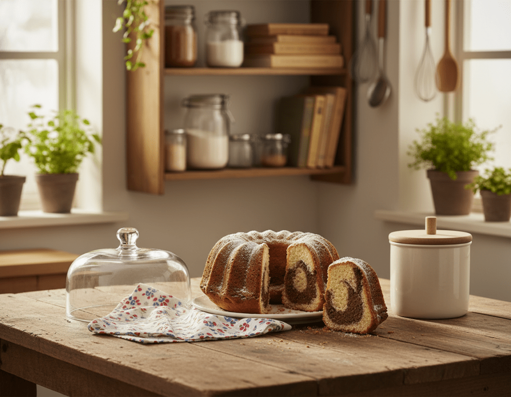 A beautifully arranged kitchen scene focusing on a freshly baked marble Gugelhupf resting elegantly on a rustic wooden table. In the foreground, the detailed texture of the cake is visible, with swirls of chocolate and vanilla batter. Surrounding the cake are practical storage options: a glass cake dome, a vibrant cloth napkin, and an airtight container, all reflecting a cozy home atmosphere. In the middle ground, shelves lined with baking essentials and cookbooks add depth, while warm, soft lighting enhances the inviting mood. The background showcases a softly blurred kitchen setting with plants and utensils, creating a warm and homely ambiance. The overall feeling should convey care in preserving the cake's freshness and the joy of baking.