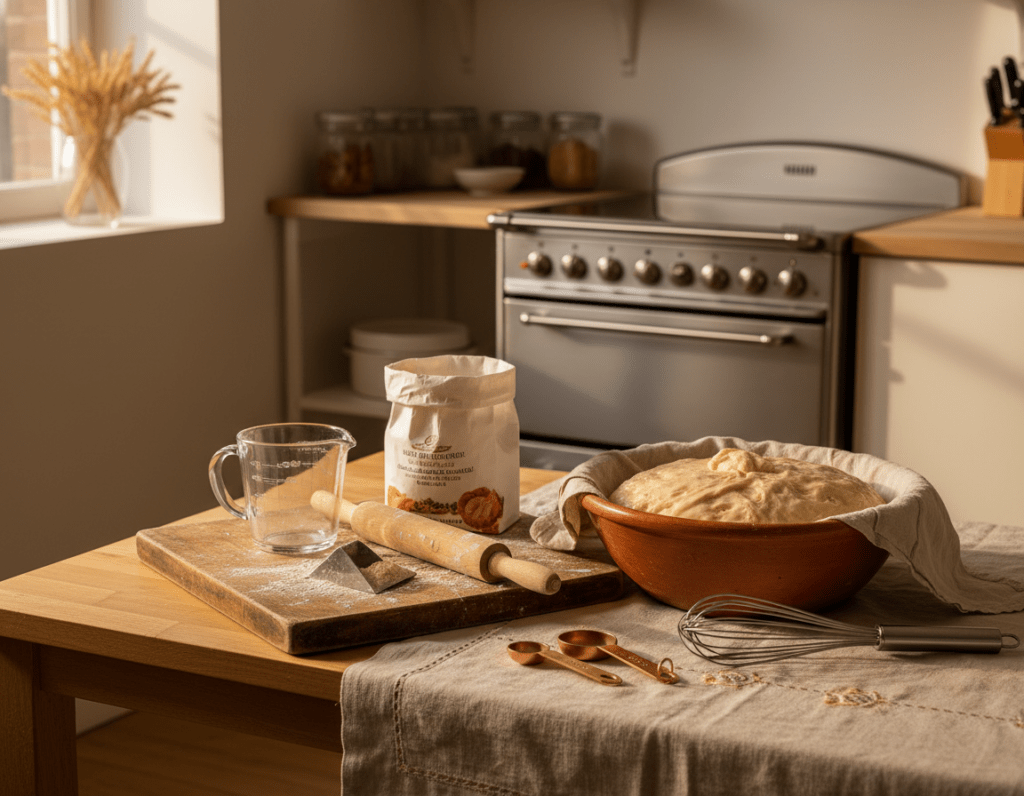 A beautifully arranged kitchen scene focusing on essential utensils for making "Hefezopf" bread. In the foreground, showcase a wooden cutting board with a dough scraper and a rolling pin. A measuring cup and a bag of flour can be placed nearby, next to a bowl filled with rich, rising dough. In the middle, display a whisk and a set of measuring spoons, with a warm, textured tablecloth adding a cozy feel. Background elements should include a softly lit stove and neatly organized jars of spices and yeast, contributing to a homely atmosphere. Natural light filters through a window, casting gentle shadows and enhancing the inviting mood of a domestic kitchen environment. The overall composition should evoke warmth, readiness, and the joy of baking.