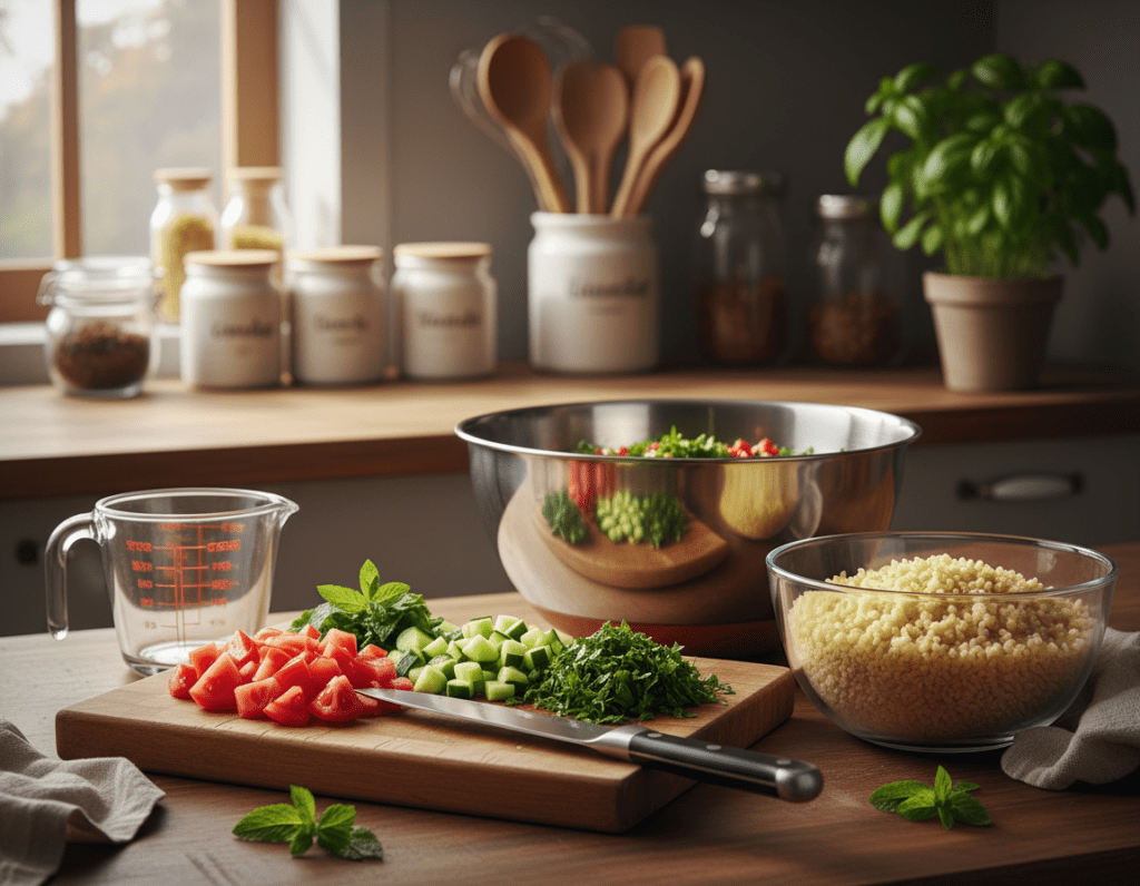 A beautifully arranged kitchen scene focusing on the preparation of bulgur salad. In the foreground, a wooden cutting board displays a vibrant array of fresh vegetables including diced tomatoes, cucumbers, and parsley, alongside a bowl of fluffy bulgur. There’s a sharp knife and a measuring cup, hinting at careful measurement—addressing common preparation mistakes. In the middle ground, a mixing bowl gleams under warm, natural light flowing through a window, creating a welcoming atmosphere. The background features neatly organized kitchen utensils and a potted herb plant, adding a touch of greenery. The overall mood is inviting and educational, capturing the essence of a cooking lesson without any humans present. The image should convey a sense of home-cooked simplicity and culinary expertise. A beautifully arranged kitchen scene focusing on the preparation of bulgur salad. In the foreground, a wooden cutting board displays a vibrant array of fresh vegetables including diced tomatoes, cucumbers, and parsley, alongside a bowl of fluffy bulgur. There’s a sharp knife and a measuring cup, hinting at careful measurement—addressing common preparation mistakes. In the middle ground, a mixing bowl gleams under warm, natural light flowing through a window, creating a welcoming atmosphere. The background features neatly organized kitchen utensils and a potted herb plant, adding a touch of greenery. The overall mood is inviting and educational, capturing the essence of a cooking lesson without any humans present. The image should convey a sense of home-cooked simplicity and culinary expertise.