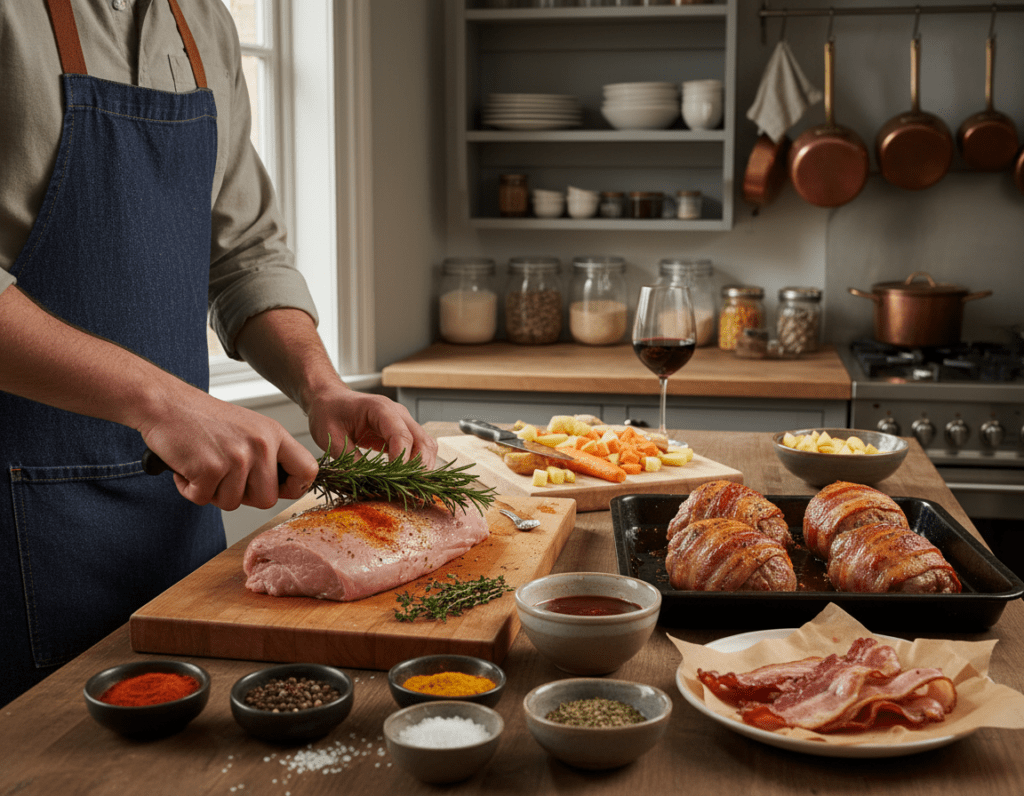 A beautifully arranged kitchen scene focusing on the preparation of pork tenderloin wrapped in bacon. In the foreground, a skilled chef in modest casual attire cuts fresh herbs and carefully seasons the pork tenderloin, showcasing vibrant spices and fresh ingredients. In the middle ground, a tray of the tenderloin wrapped in crispy bacon is placed next to a small bowl of sauce, with a cutting board filled with chopped vegetables. The background features a warm, inviting kitchen ambiance with soft, natural lighting from a window, casting gentle shadows. The overall mood is productive and homey, emphasizing the importance of careful preparation to avoid common mistakes in cooking this dish. A beautifully arranged kitchen scene focusing on the preparation of pork tenderloin wrapped in bacon. In the foreground, a skilled chef in modest casual attire cuts fresh herbs and carefully seasons the pork tenderloin, showcasing vibrant spices and fresh ingredients. In the middle ground, a tray of the tenderloin wrapped in crispy bacon is placed next to a small bowl of sauce, with a cutting board filled with chopped vegetables. The background features a warm, inviting kitchen ambiance with soft, natural lighting from a window, casting gentle shadows. The overall mood is productive and homey, emphasizing the importance of careful preparation to avoid common mistakes in cooking this dish.