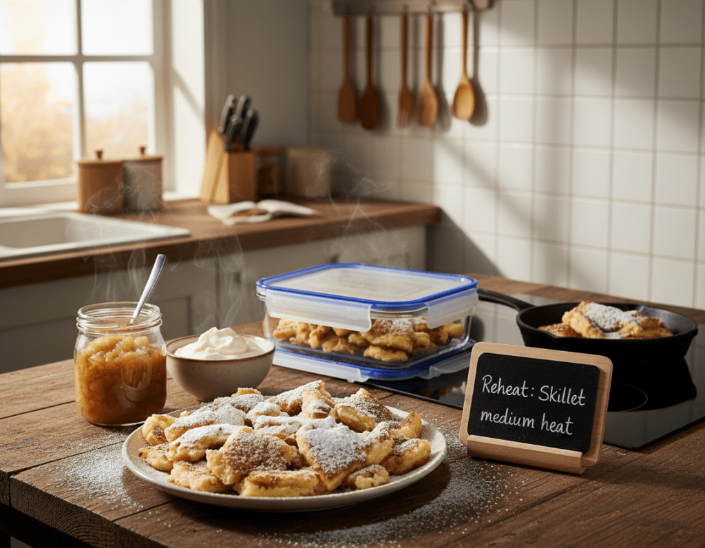 A beautifully arranged kitchen scene showcasing Kaiserschmarrn, with a focus on storage and reheating tips. In the foreground, a rustic wooden table displays a steaming plate of fluffy, torn Kaiserschmarrn sprinkled with powdered sugar, accompanied by a jar of homemade apple compote and a bowl of whipped cream. The middle ground features an elegant glass food container with a tight lid, suggesting proper storage, alongside a small cast iron skillet ready to be used on a stovetop for reheating. In the background, sunlight filters through a window, casting a warm glow over the scene and enhancing the comfortable, inviting atmosphere. The image captures a sense of homeliness, ideal for practical kitchen advice. A beautifully arranged kitchen scene showcasing Kaiserschmarrn, with a focus on storage and reheating tips. In the foreground, a rustic wooden table displays a steaming plate of fluffy, torn Kaiserschmarrn sprinkled with powdered sugar, accompanied by a jar of homemade apple compote and a bowl of whipped cream. The middle ground features an elegant glass food container with a tight lid, suggesting proper storage, alongside a small cast iron skillet ready to be used on a stovetop for reheating. In the background, sunlight filters through a window, casting a warm glow over the scene and enhancing the comfortable, inviting atmosphere. The image captures a sense of homeliness, ideal for practical kitchen advice.