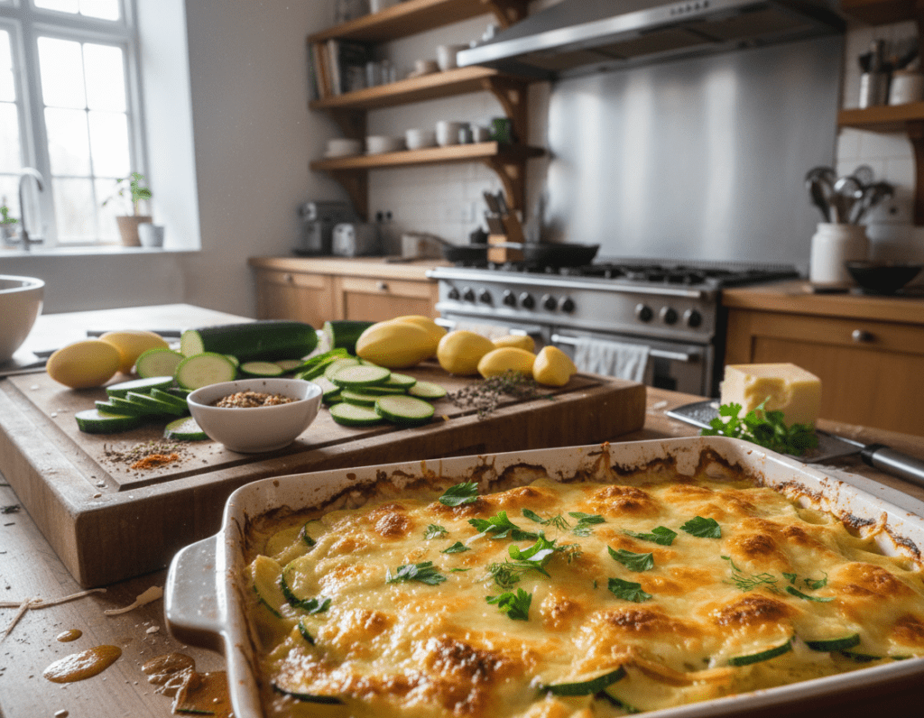 A beautifully arranged kitchen scene showcasing a deliciously layered Kartoffel Zucchini Auflauf, placed prominently in a ceramic baking dish in the foreground. The dish is bubbling with melted cheese and garnished with fresh herbs, exuding warmth and inviting aromas. In the middle, a wooden cutting board displays perfectly sliced zucchinis and golden potatoes, alongside a bowl of mixed spices, emphasizing the cooking process. The background reveals a cozy, well-lit kitchen with modern appliances, warm wood accents, and soft natural light filtering through a window, creating a cheerful cooking atmosphere. The mood is inviting and homey, capturing the essence of creating a comforting dish while illustrating common pitfalls in baking, such as overcooking or uneven layering.