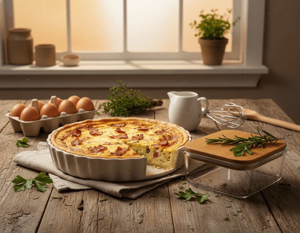 A beautifully arranged kitchen scene showcasing a freshly baked Quiche Lorraine on a rustic wooden table. In the foreground, a golden-brown quiche is placed in a decorative pie dish, sliced to reveal its creamy filling of eggs, cheese, and crispy bacon. Beside it, a glass container with an airtight lid symbolizes proper storage, with a few herbs scattered for garnish. The middle ground features kitchen utensils and fresh ingredients like eggs, cream, and a sprig of thyme, enhancing the cooking atmosphere. In the background, warm ambient lighting spills through a window, illuminating the space and creating a cozy, inviting mood. The camera angle should be slightly elevated, giving a captivating view of this culinary scene.