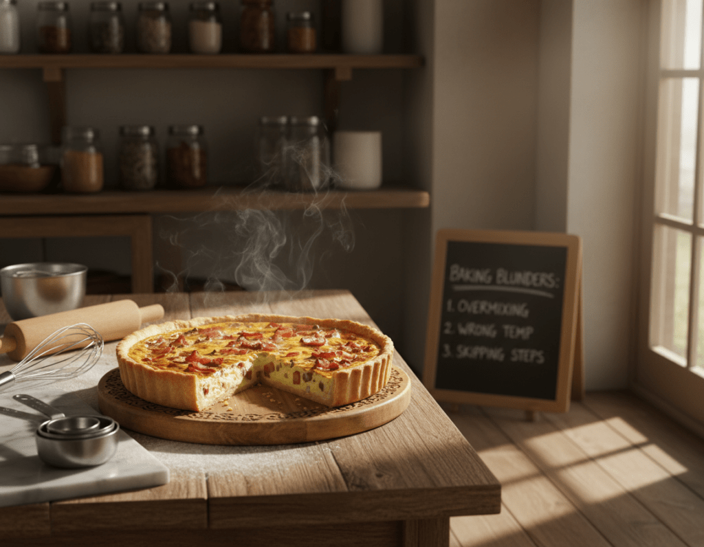 A beautifully arranged kitchen scene showcasing a freshly baked Quiche Lorraine on a rustic wooden table as the focal point. In the foreground, a golden-brown quiche sits prominently on a decorative wooden board, steam gently rising from its flaky crust. There are elegant slices cut out, revealing the creamy egg filling, crispy bacon, and sautéed onions. In the middle ground, a variety of essential baking tools like measuring cups, a whisk, and a rolling pin are neatly arranged, hinting at the baking process. Soft, natural sunlight streams through a nearby window, casting warm shadows that enhance the inviting atmosphere. The background features shelves with herbs and spices, subtly conveying the common mistakes to avoid while baking. The overall mood is warm and homely, encouraging a sense of culinary exploration and learning.