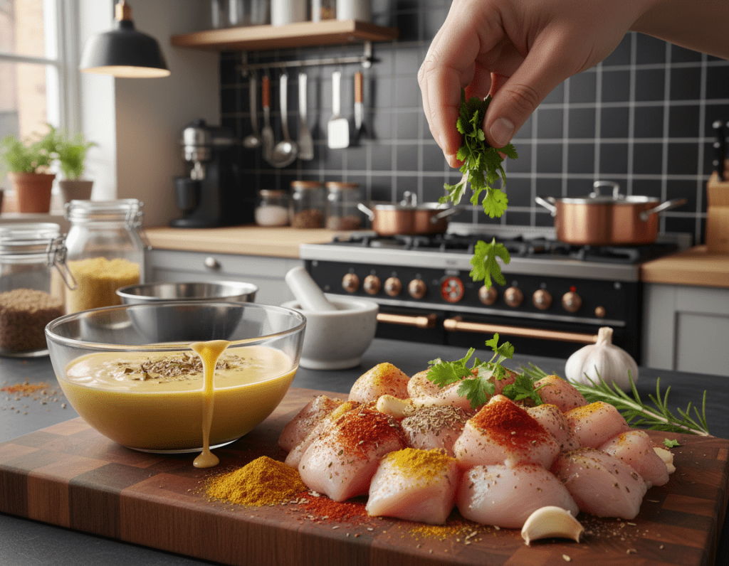 A beautifully arranged kitchen scene showcasing the art of marinating chicken for wraps. In the foreground, a wooden cutting board features succulent pieces of chicken breast surrounded by an array of vibrant spices and fresh herbs, including paprika, garlic, and rosemary. A glass bowl filled with a rich, golden marinade sits next to the chicken, dripping slightly. In the middle, a sprinkle of chopped herbs cascades over the ingredients, adding freshness. The background reveals modern kitchen elements like sleek utensils and pots, with soft, warm lighting casting a cozy atmosphere. A shallow depth of field creates a crisp focus on the marinated chicken, evoking a feeling of culinary creativity and anticipation. The overall mood is inviting and appetizing, perfect for inspiring home cooks.