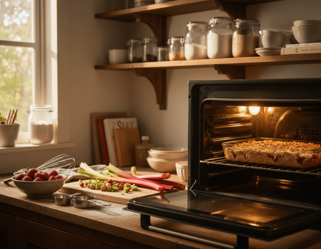 A beautifully arranged kitchen scene showcasing the baking process of a strawberry rhubarb cake. In the foreground, a wooden countertop is adorned with fresh strawberries and rhubarb stalks, alongside a whisk and measuring cups. The middle layer features a baking tray in an oven set at the perfect temperature, highlighted with a glowing light to suggest warmth. The background reveals shelves filled with baking supplies and a window with soft natural light streaming in, creating an inviting atmosphere. The mood is cozy and homely, capturing the essence of baking as a nurturing activity. Focus on rich colors of the ingredients, warm light, and an overall feeling of comfort in the culinary process.