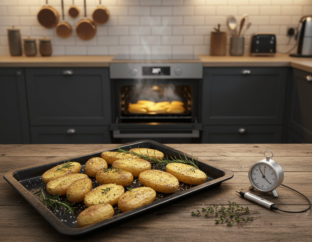 A beautifully arranged kitchen scene showcasing the preparation of "Ofenkartoffeln" (oven-baked potatoes). In the foreground, a rustic wooden table displays a tray of golden-brown, crispy potatoes garnished with fresh herbs, such as rosemary and thyme. The middle section features an oven with its door slightly open, revealing a perfectly baked batch of potatoes, steam gently rising. Scattered around the table are kitchen utensils, like a timer and a thermometer, indicating the right baking temperature. In the background, soft, warm lighting creates a cozy atmosphere, with a blurred view of stylish kitchen appliances. The angle is slightly overhead, capturing the inviting essence of home cooking, suggesting warmth and comfort. A beautifully arranged kitchen scene showcasing the preparation of "Ofenkartoffeln" (oven-baked potatoes). In the foreground, a rustic wooden table displays a tray of golden-brown, crispy potatoes garnished with fresh herbs, such as rosemary and thyme. The middle section features an oven with its door slightly open, revealing a perfectly baked batch of potatoes, steam gently rising. Scattered around the table are kitchen utensils, like a timer and a thermometer, indicating the right baking temperature. In the background, soft, warm lighting creates a cozy atmosphere, with a blurred view of stylish kitchen appliances. The angle is slightly overhead, capturing the inviting essence of home cooking, suggesting warmth and comfort.