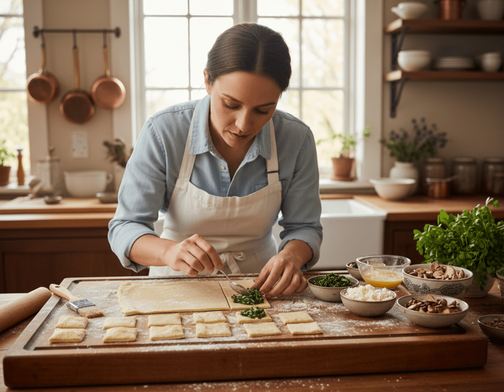 A beautifully arranged kitchen scene showcasing the preparation of delicate puff pastry appetizers. In the foreground, a wooden cutting board is scattered with flour, and neatly rolled sheets of puff pastry are being cut into bite-sized squares. There are various colorful fillings in small bowls, including spinach, cheese, and mushrooms, along with a pastry brush and an egg wash ready for use. In the middle, a chef in a white apron is gently filling the pastry squares with the mixtures, with a focused expression, conveying a sense of culinary artistry. The background features a warm, inviting kitchen with soft, natural lighting coming through a window, highlighting the textures of the ingredients and creating a cozy, appetizing atmosphere.