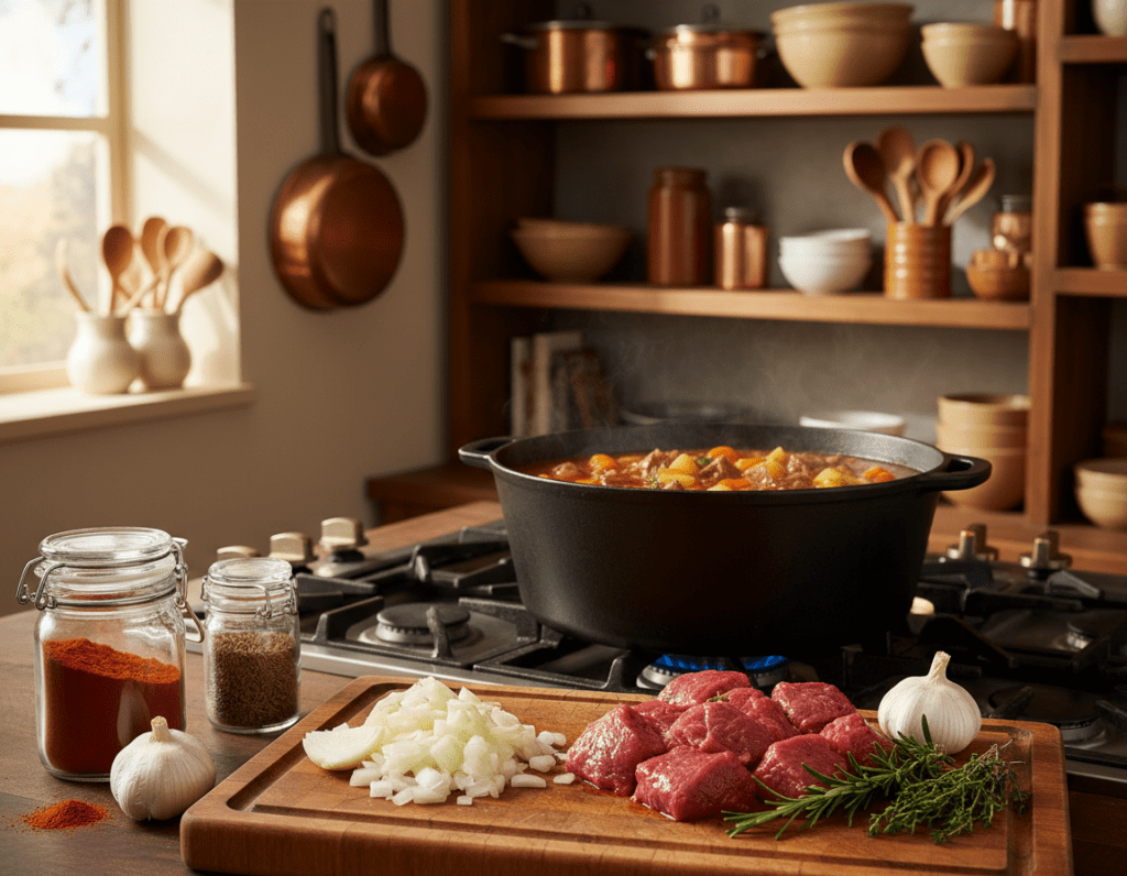 A beautifully arranged kitchen scene showcasing the preparation of tender beef goulash. In the foreground, a wooden cutting board with succulent pieces of marinated beef, onions, and garlic, with herbs neatly scattered around. Glass jars of spices, such as paprika and cumin, are partially visible. In the middle, a large cast iron pot is simmering on a stove, filled with rich, aromatic broth, and colorful vegetables like carrots and potatoes. The background features rustic kitchen shelves filled with cooking utensils, brightening the warm atmosphere with natural light filtering in through a window. The mood is inviting and cozy, perfect for a home cooking experience. The image should convey the essence of creating the optimal cooking conditions for delicious, tender goulash, capturing the essence without any text or disruptions. A beautifully arranged kitchen scene showcasing the preparation of tender beef goulash. In the foreground, a wooden cutting board with succulent pieces of marinated beef, onions, and garlic, with herbs neatly scattered around. Glass jars of spices, such as paprika and cumin, are partially visible. In the middle, a large cast iron pot is simmering on a stove, filled with rich, aromatic broth, and colorful vegetables like carrots and potatoes. The background features rustic kitchen shelves filled with cooking utensils, brightening the warm atmosphere with natural light filtering in through a window. The mood is inviting and cozy, perfect for a home cooking experience. The image should convey the essence of creating the optimal cooking conditions for delicious, tender goulash, capturing the essence without any text or disruptions.
